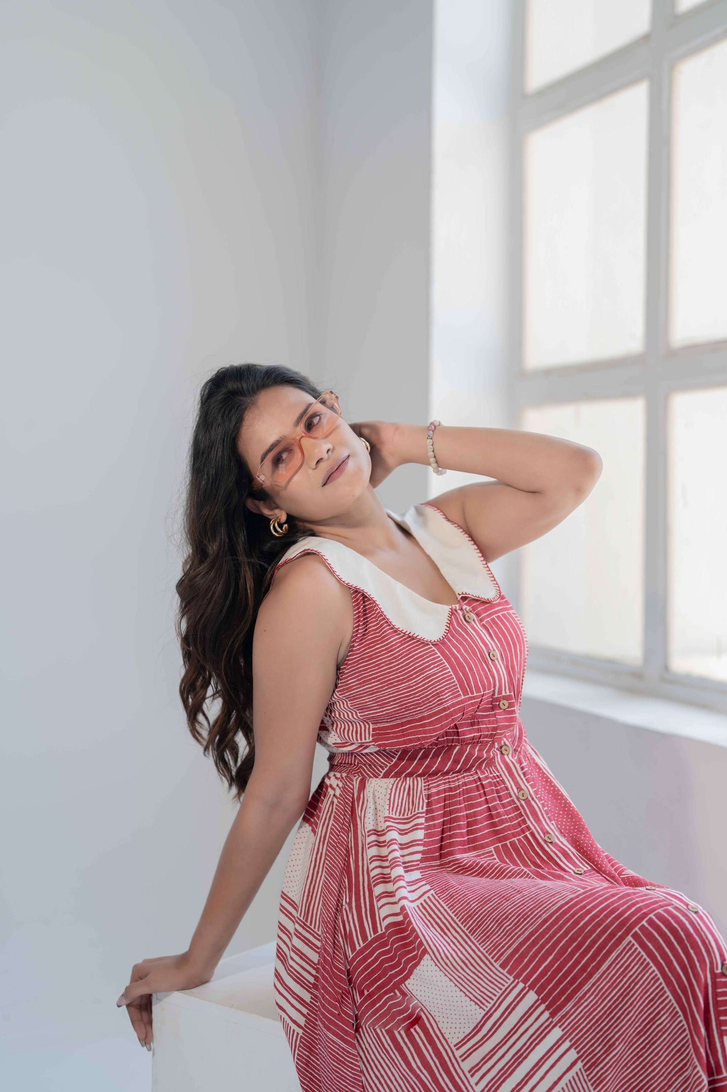 Red Block Print Long A-line Dress