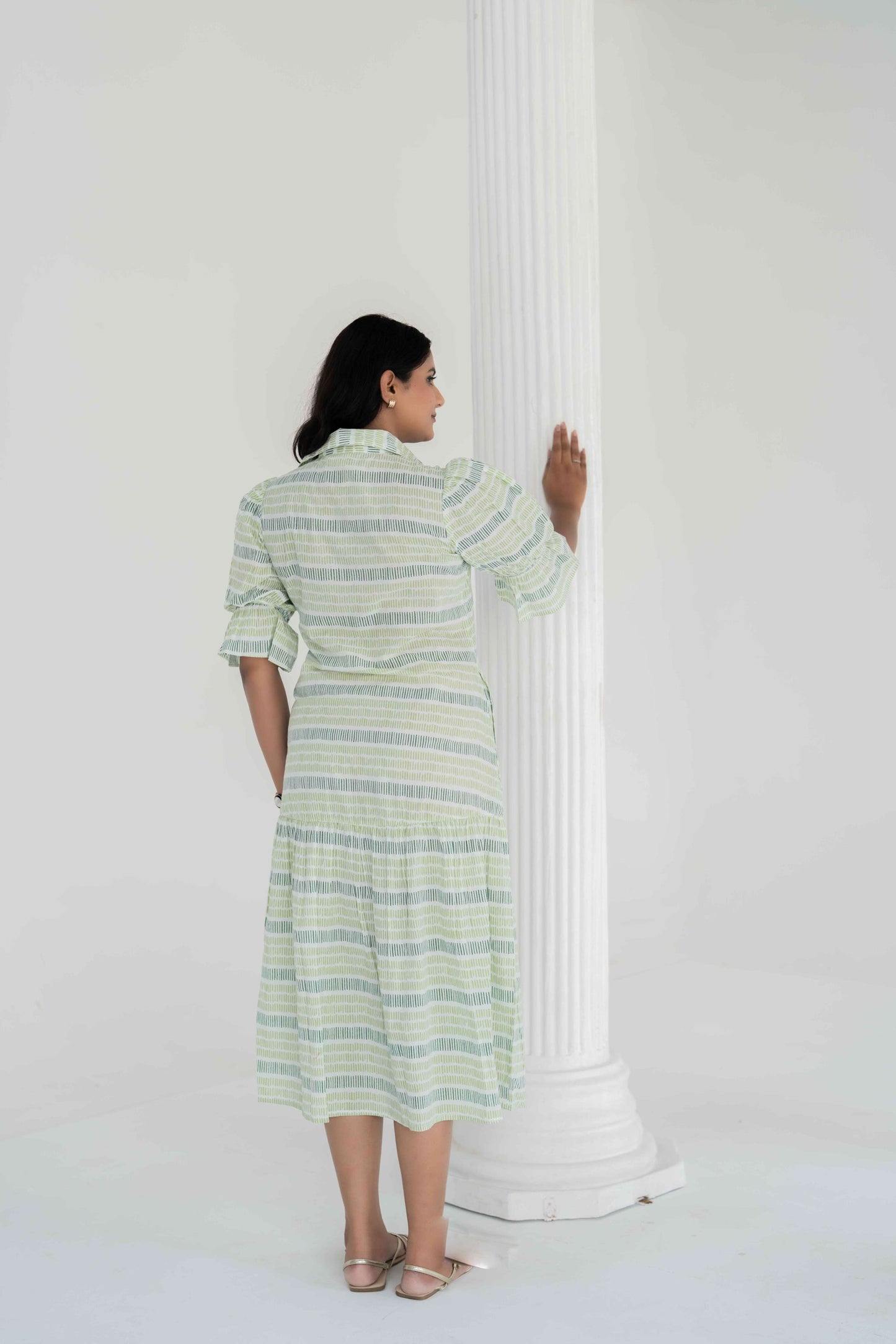 Green Block Print Long Shirt Dress