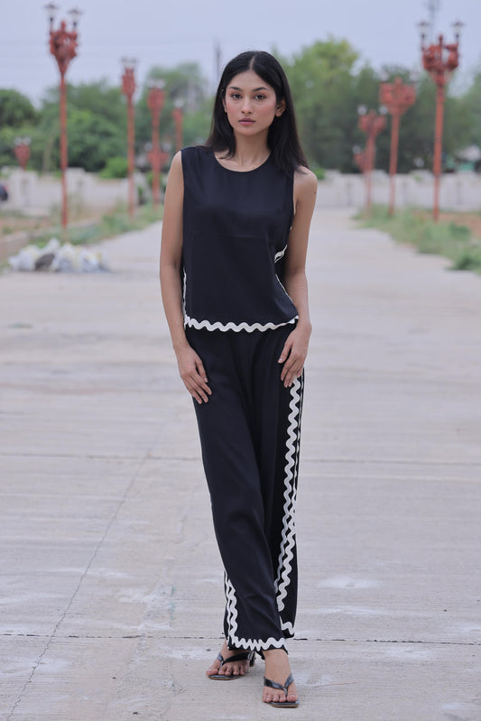 Black Solid Cotton Slub Co-ord Set