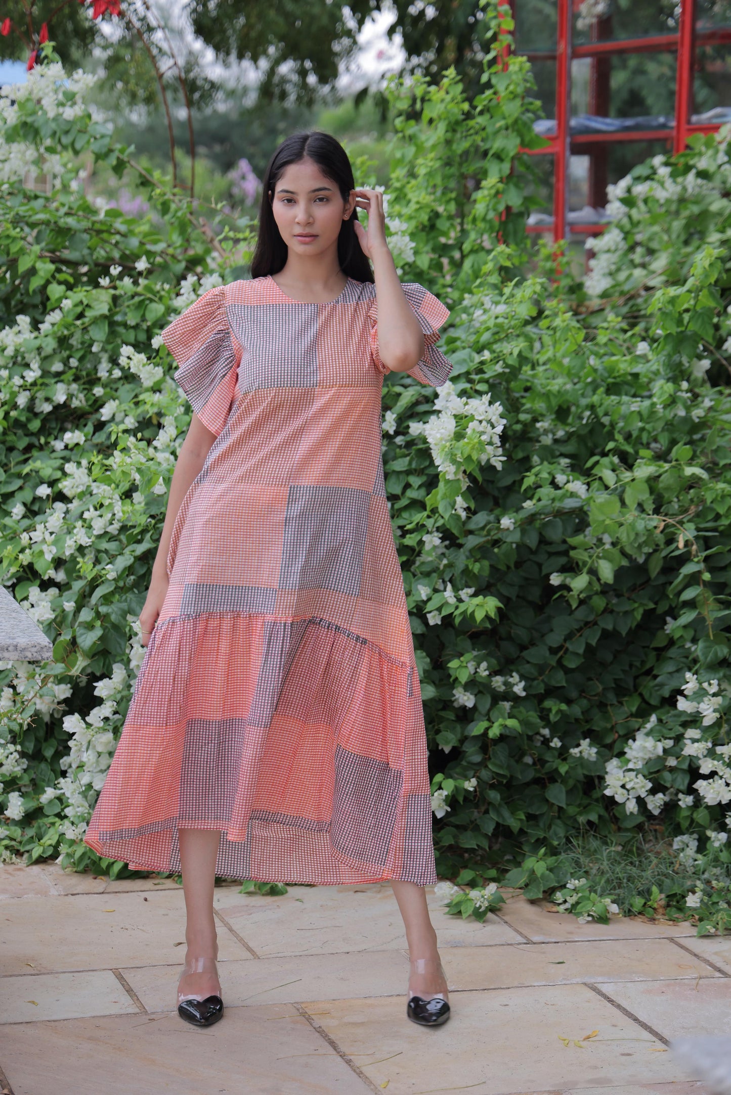 Orange Block Print Long Dress