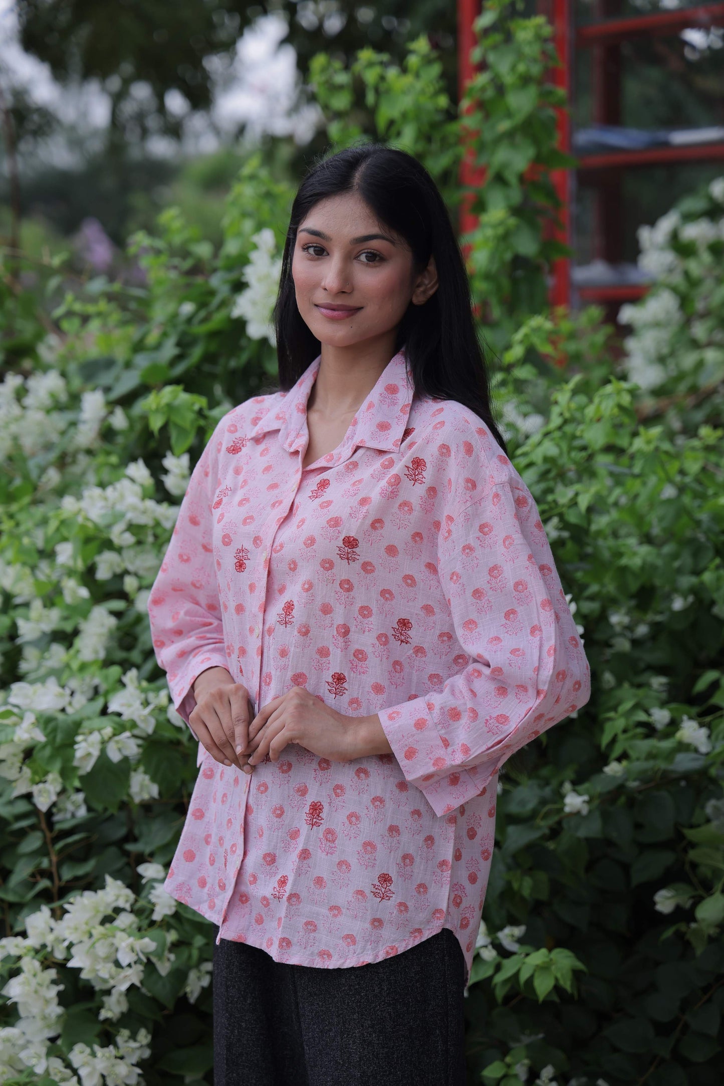 Pink Embroidered Block Print Shirt