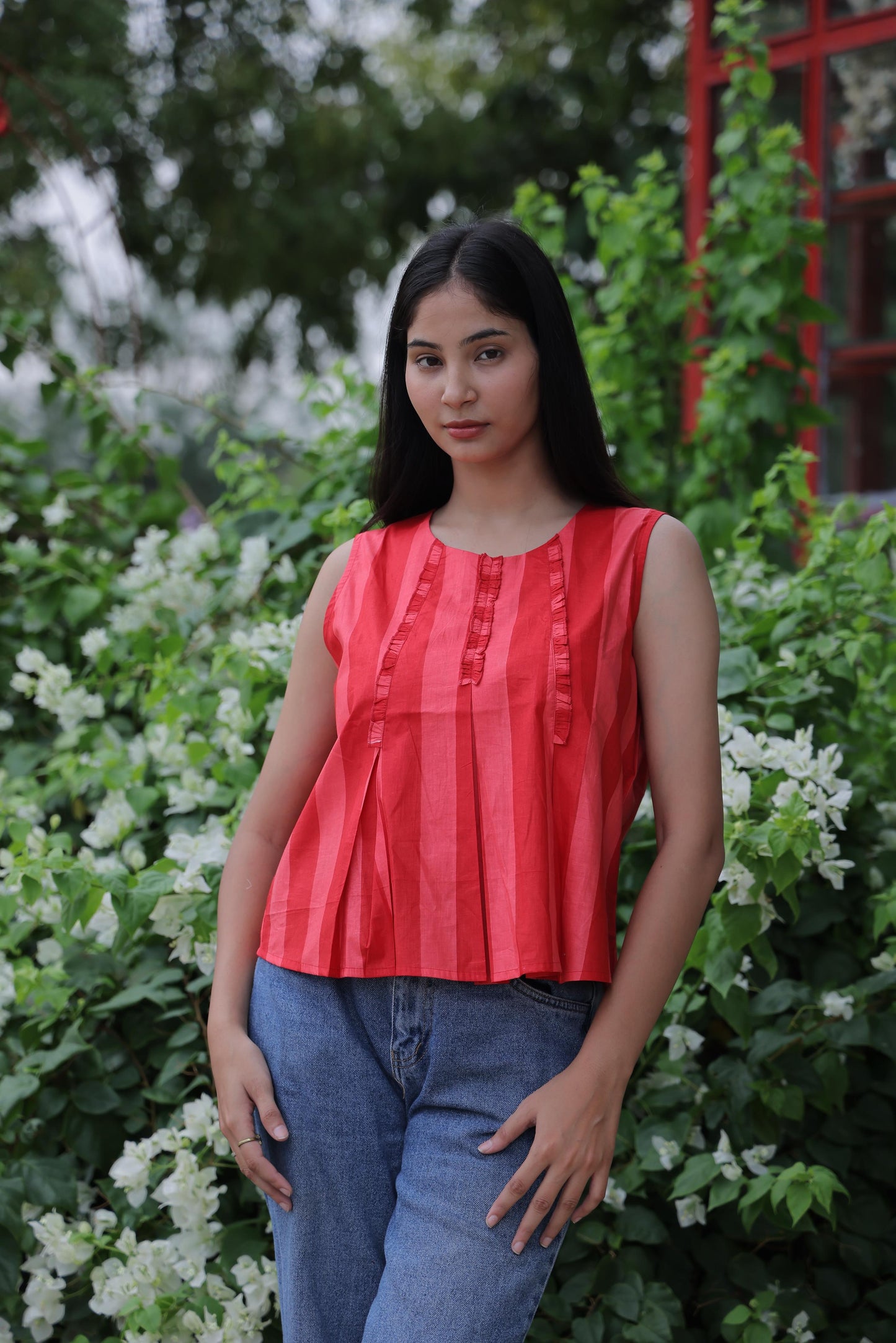 Red Block Print Cambric Cotton Top