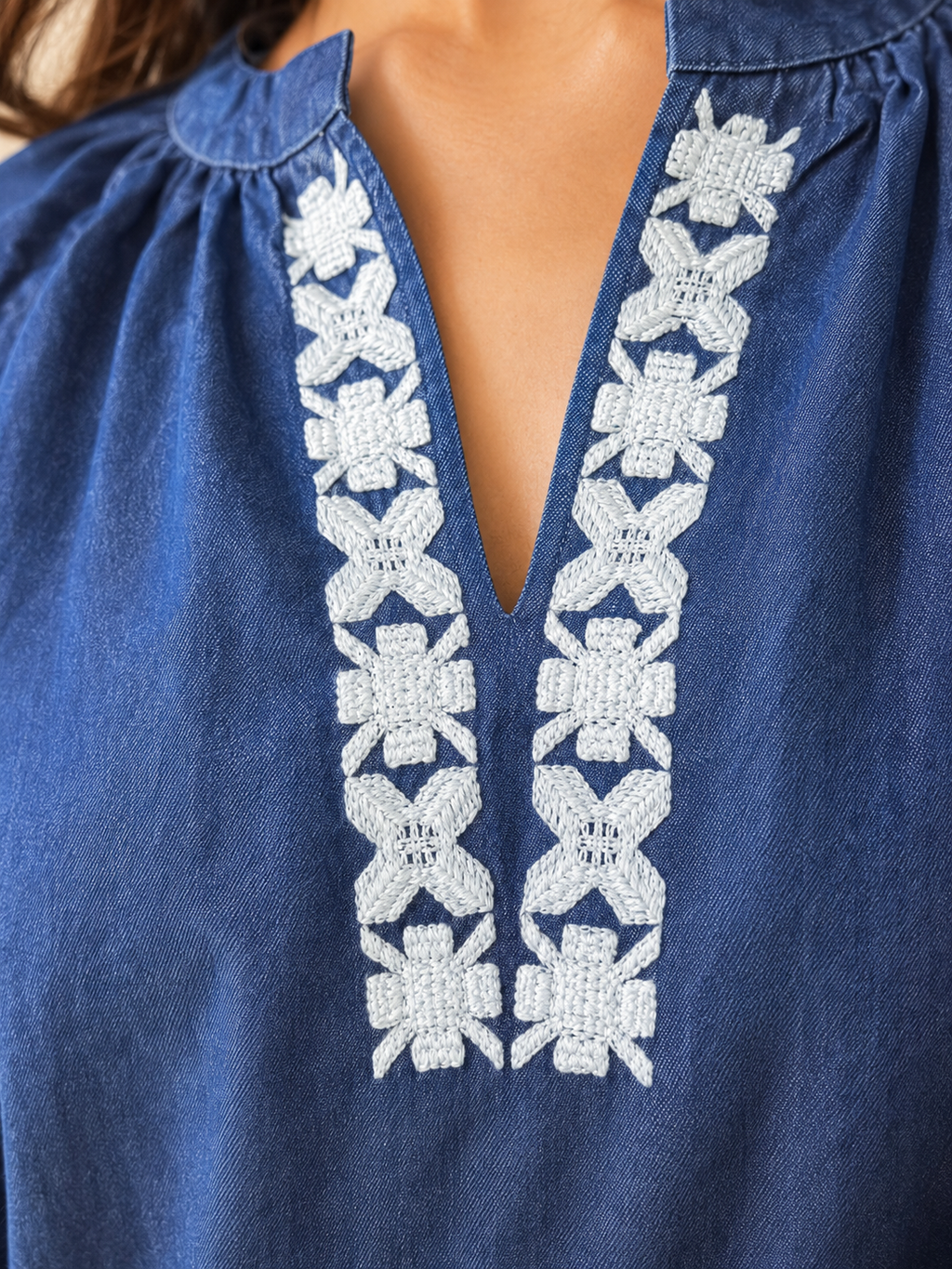 Denim Embroidered Top — Navy