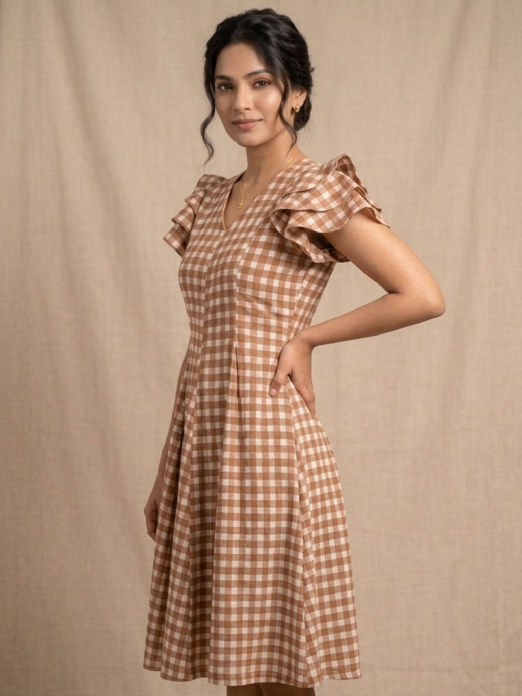 Brown Gingham Short Dress