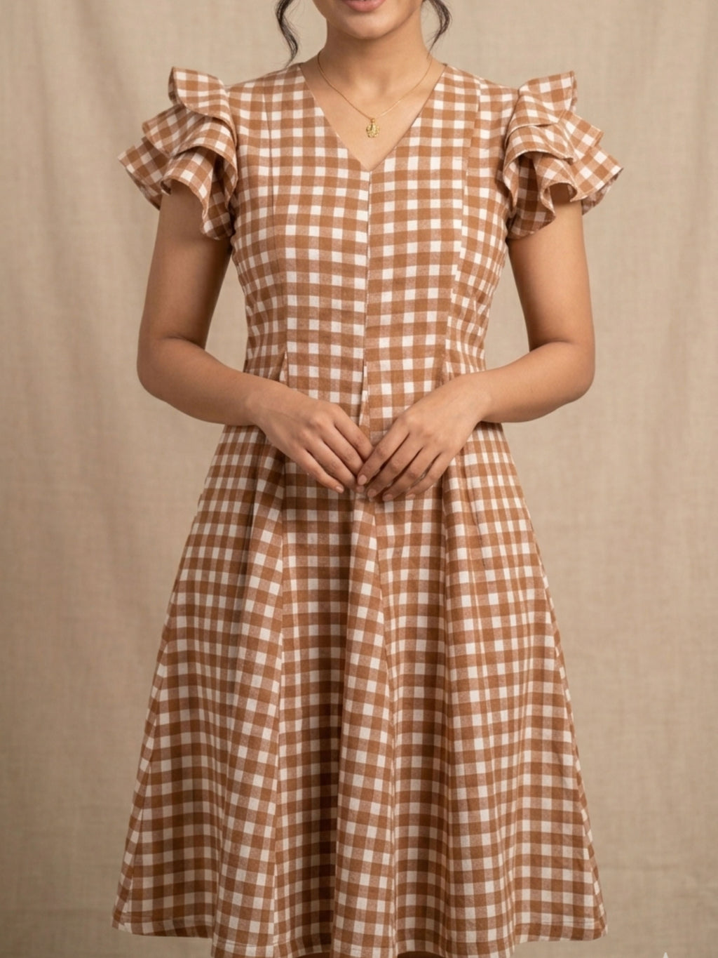 Brown Gingham Short Dress