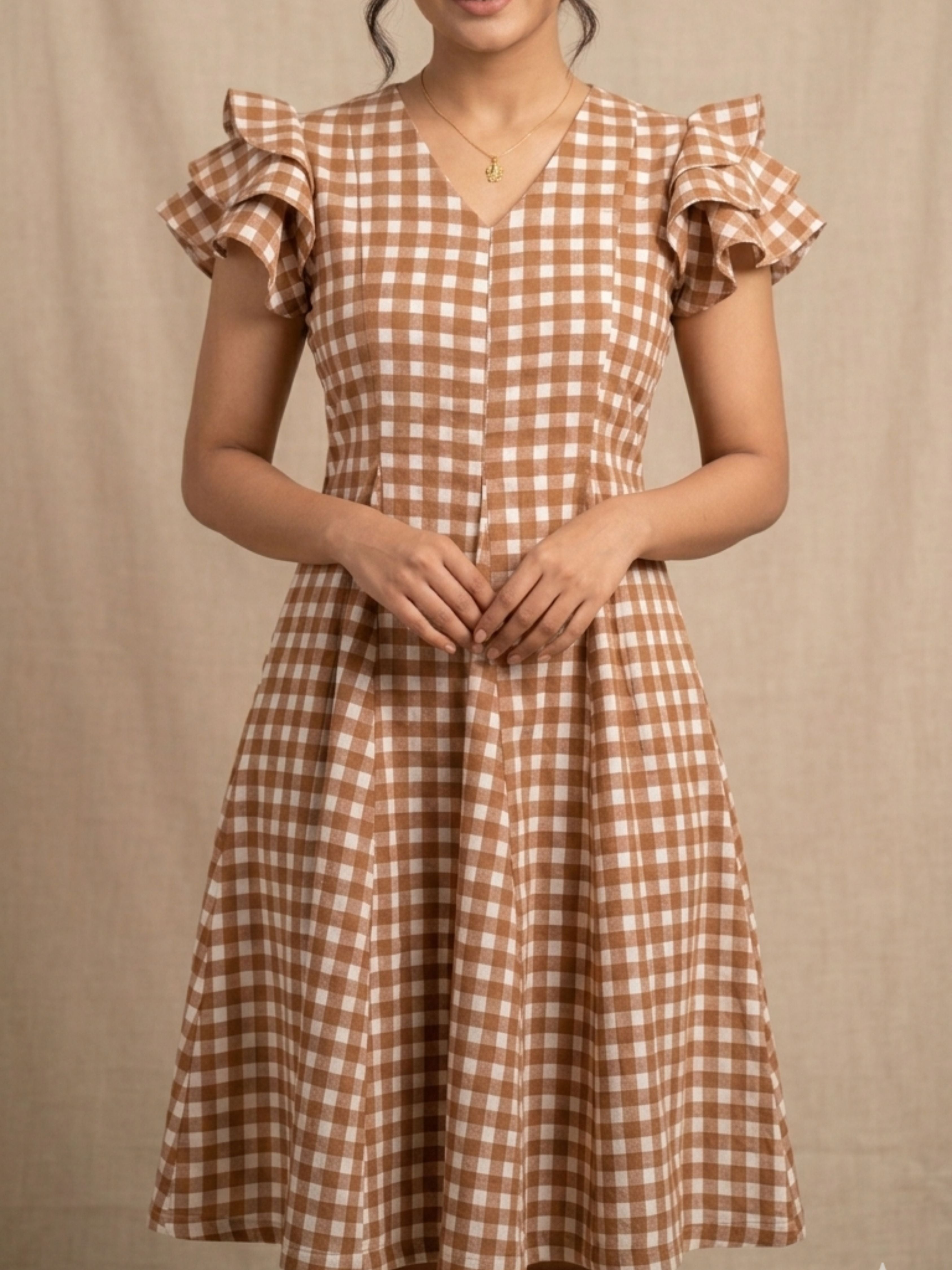 Brown Gingham Short Dress