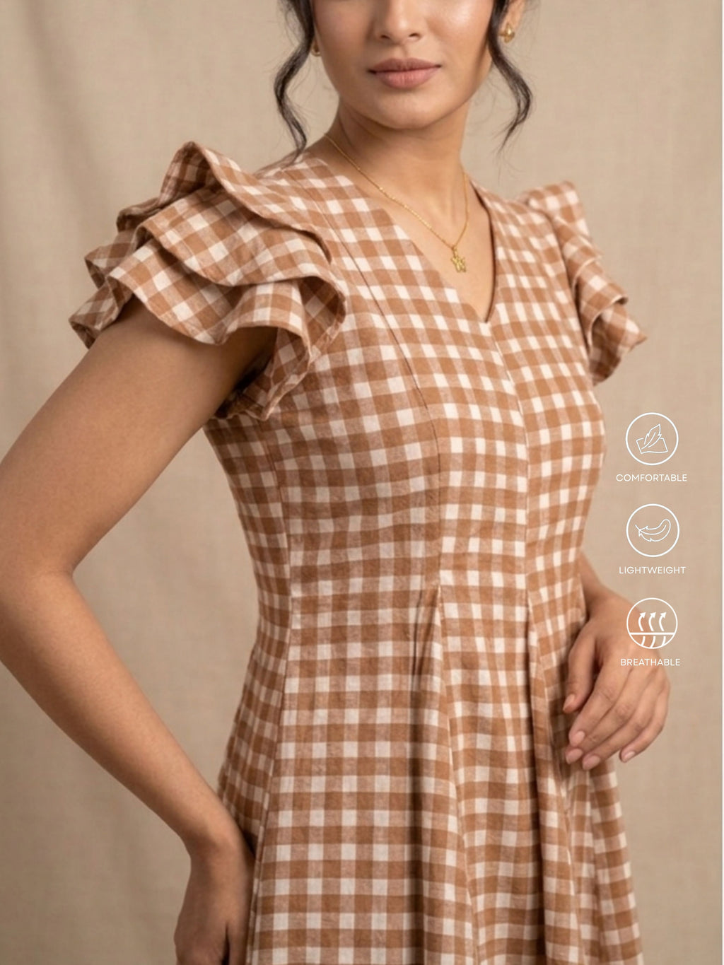 Brown Gingham Short Dress