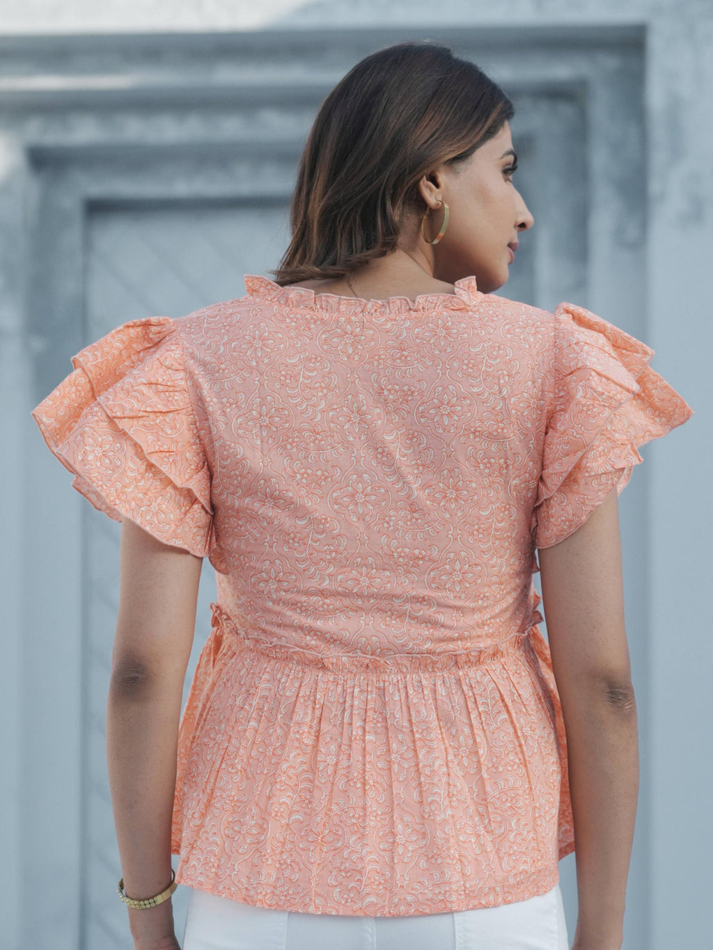 Peach Ruffle Sleeves Top