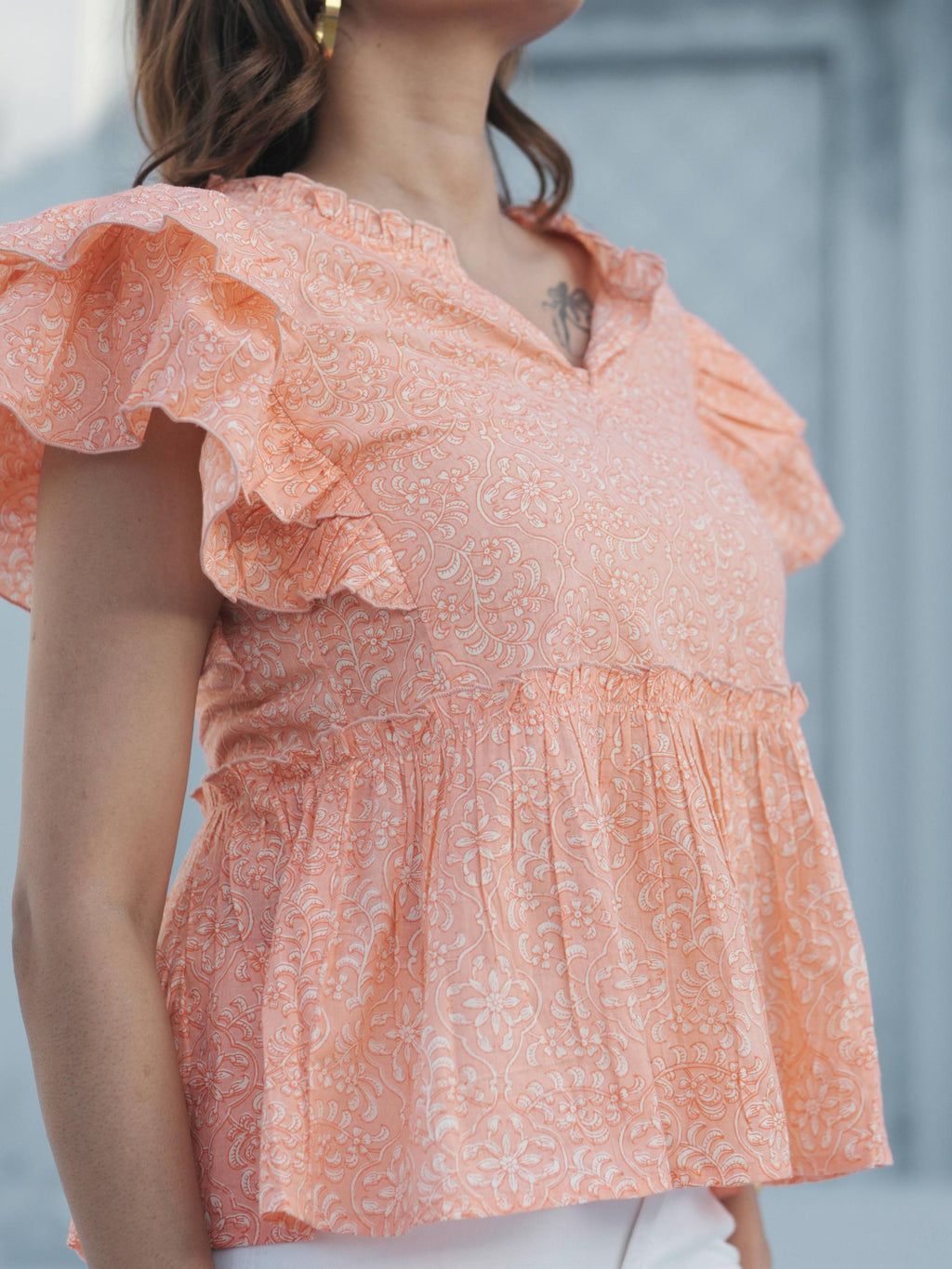 Peach Ruffle Sleeves Top
