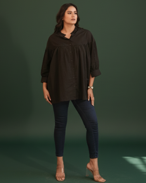 Black Ruffle Cotton Shirt