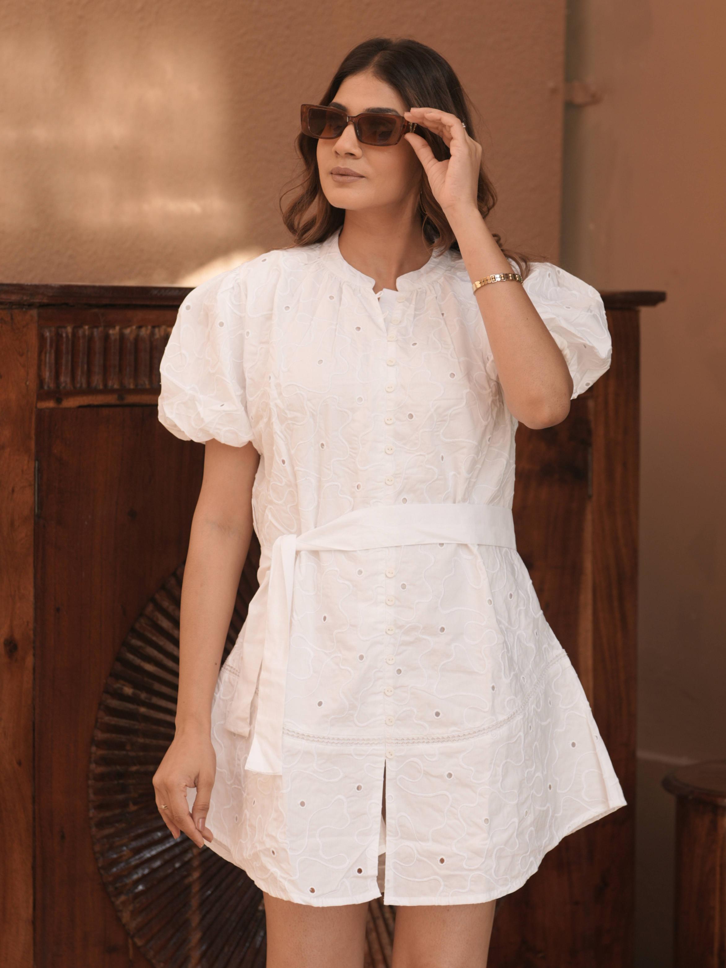 White Schiffli Short Dress