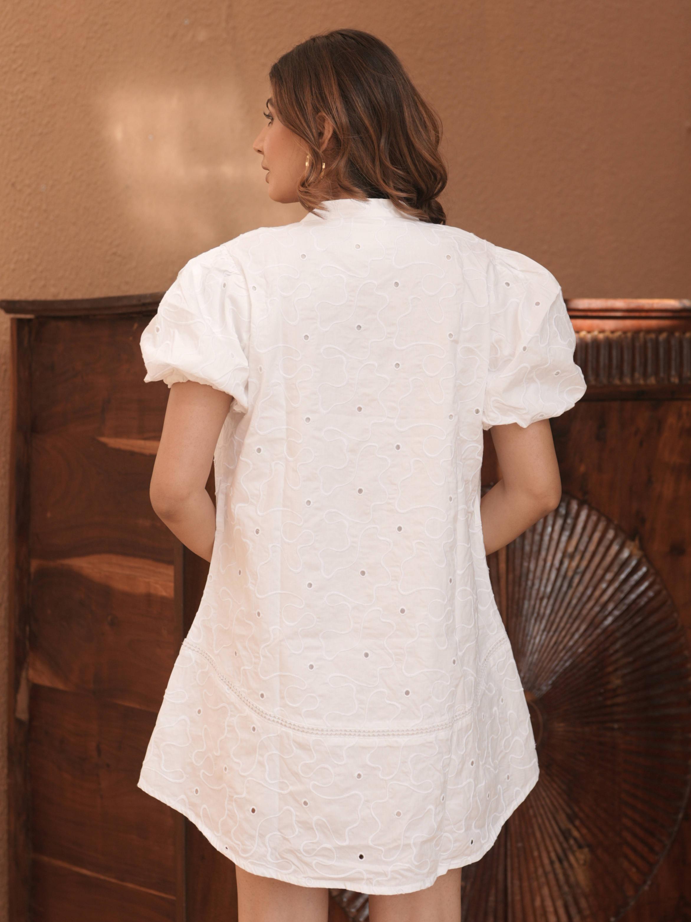 White Schiffli Short Dress