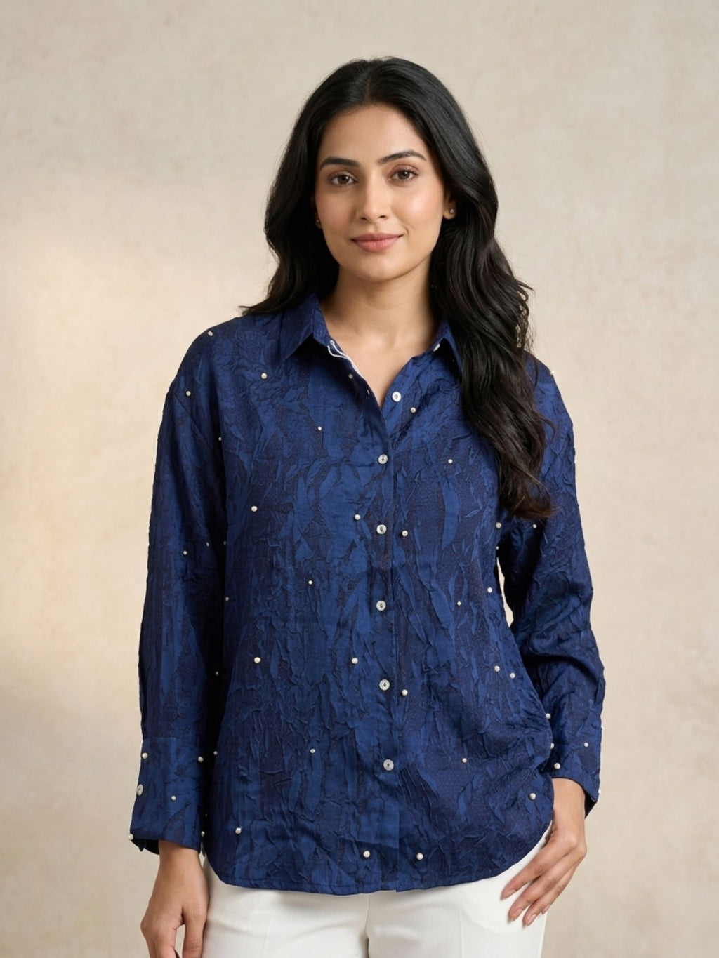 Navy Pearl Satin Shirt