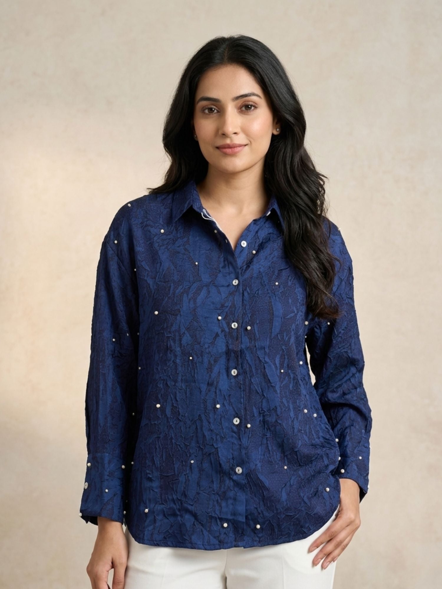 Navy Pearl Satin Shirt