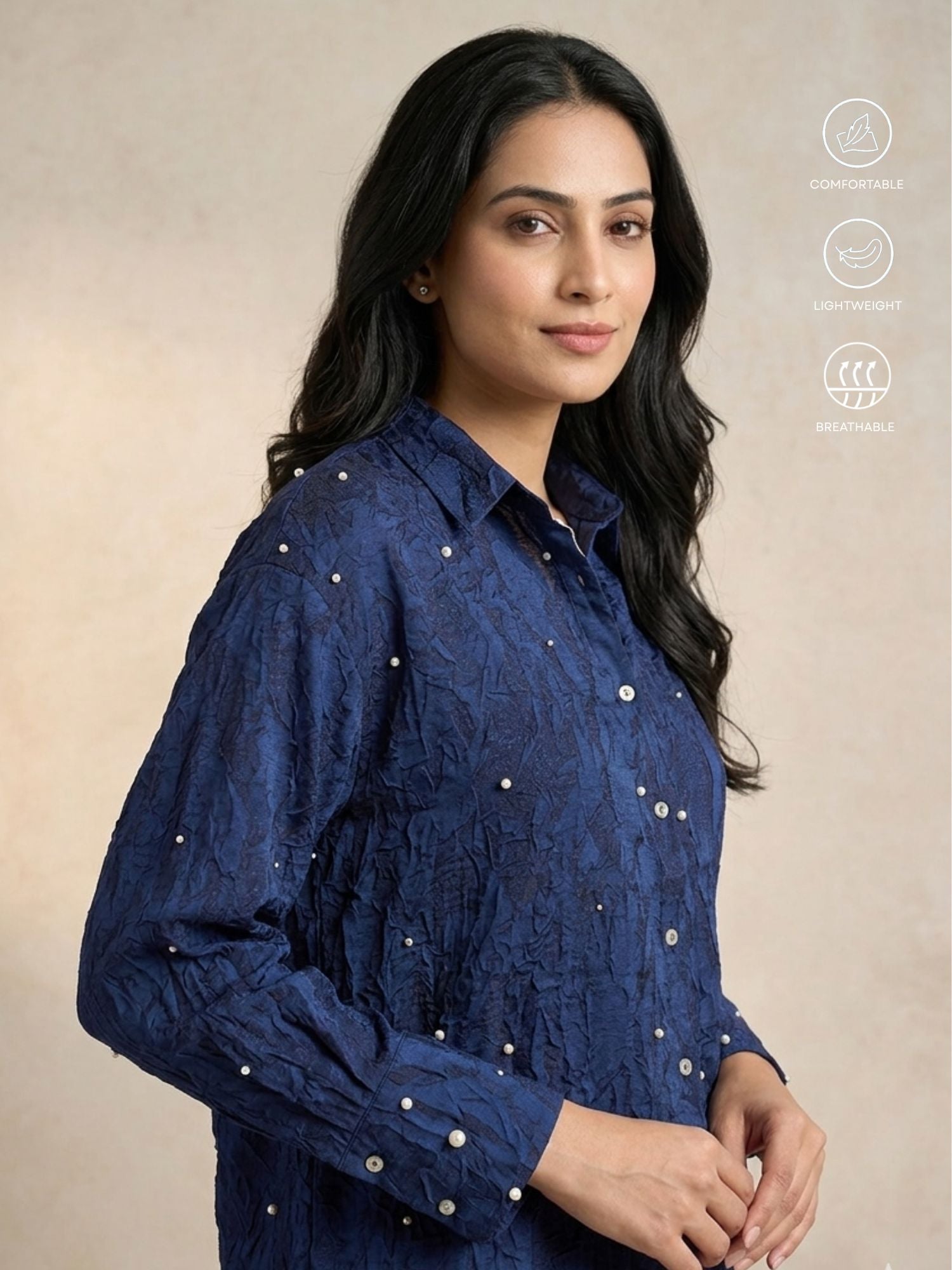 Navy Pearl Satin Shirt