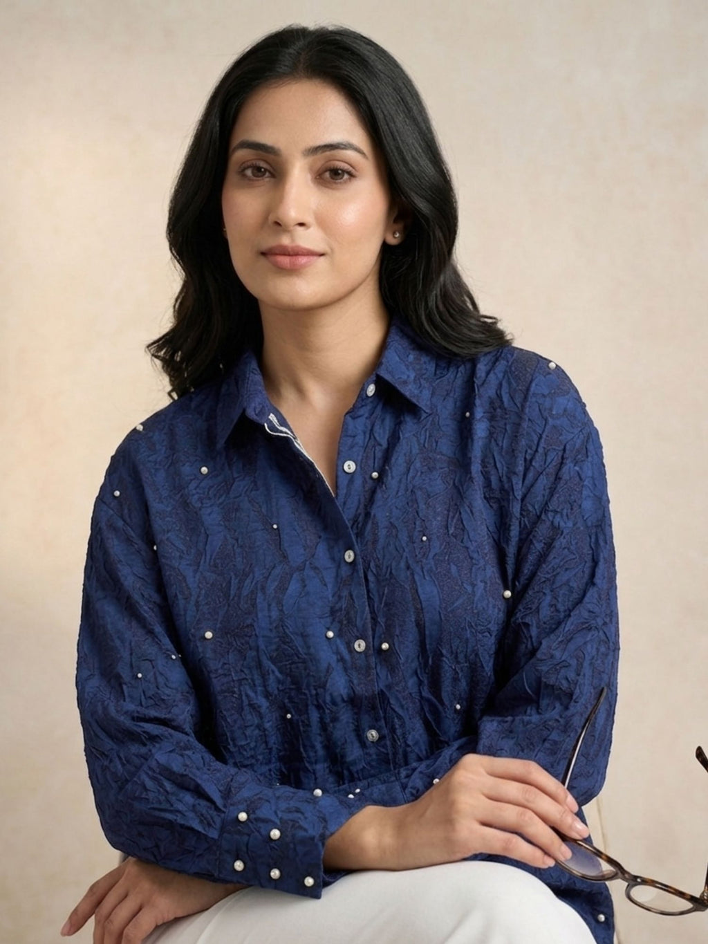 Navy Pearl Satin Shirt