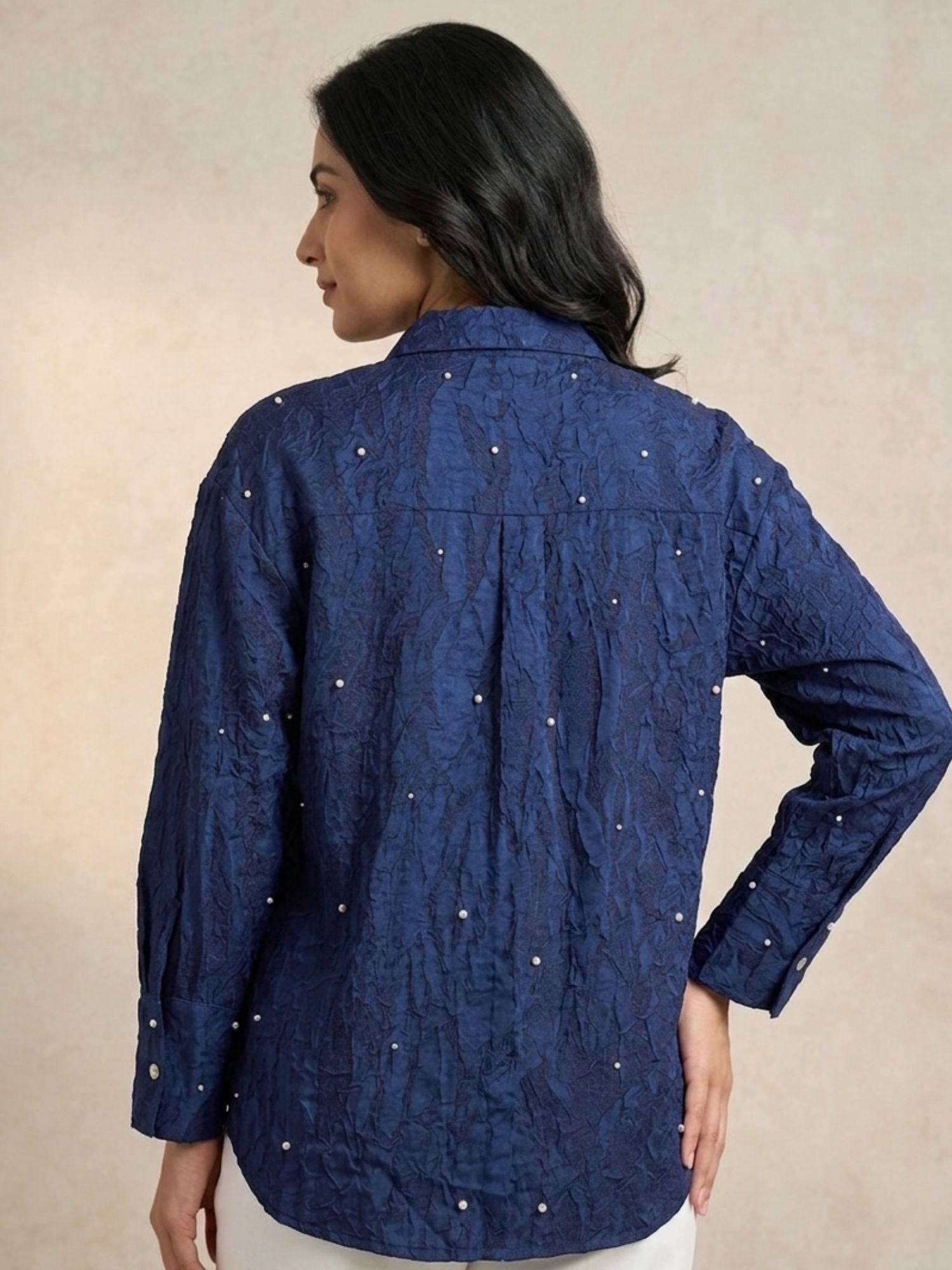 Navy Pearl Satin Shirt