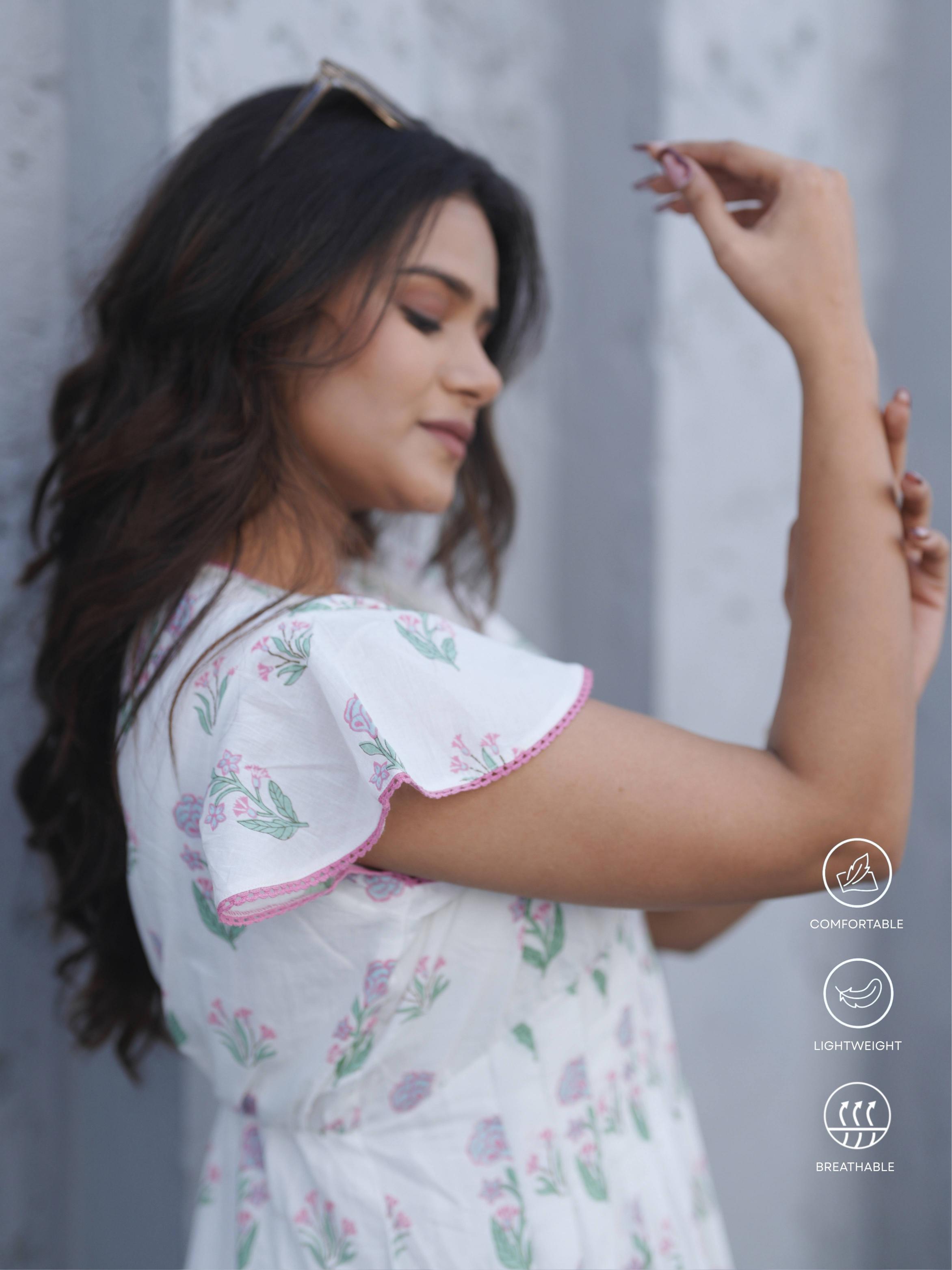 White Block Print Short Dress