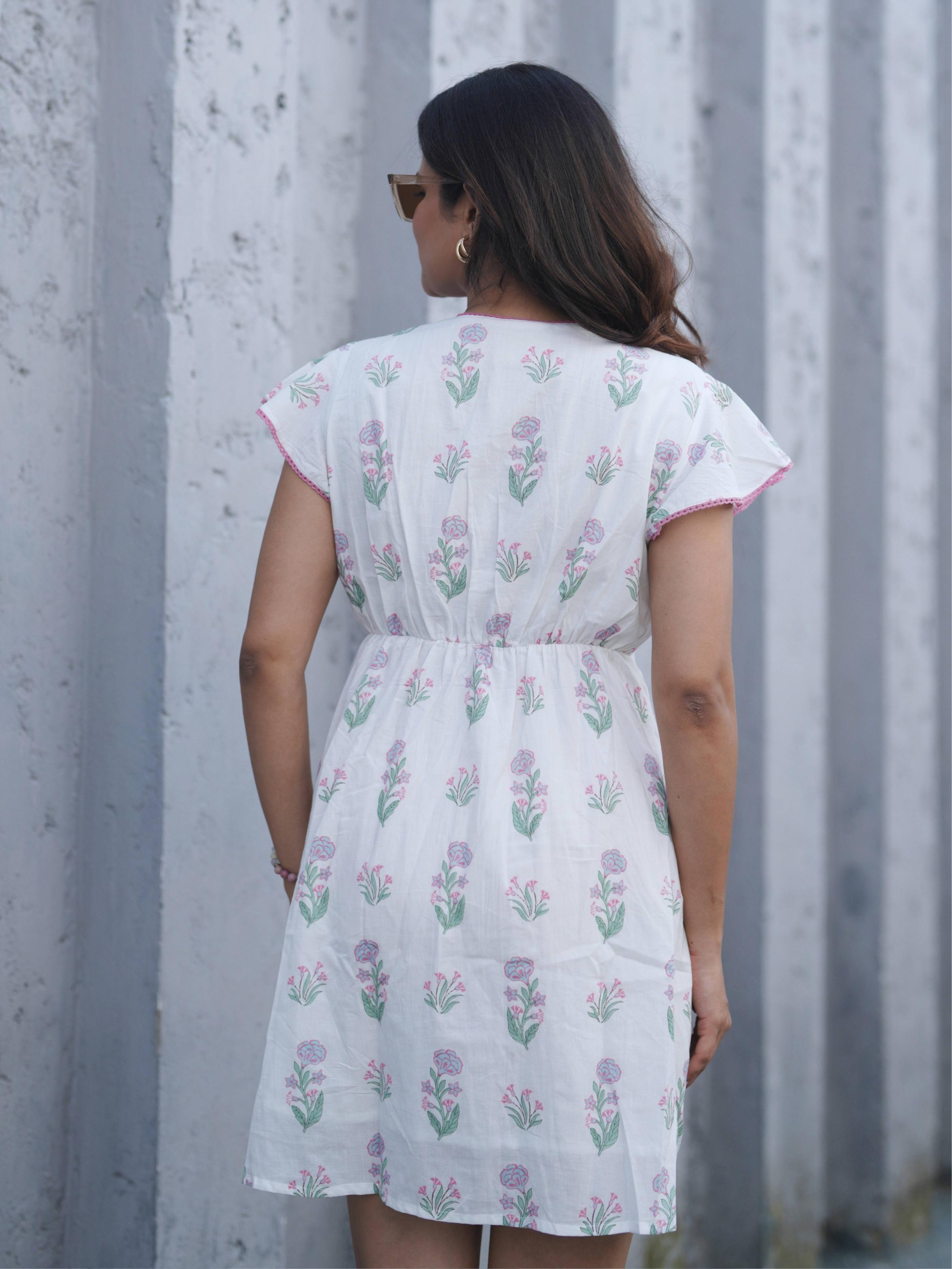 White Block Print Short Dress