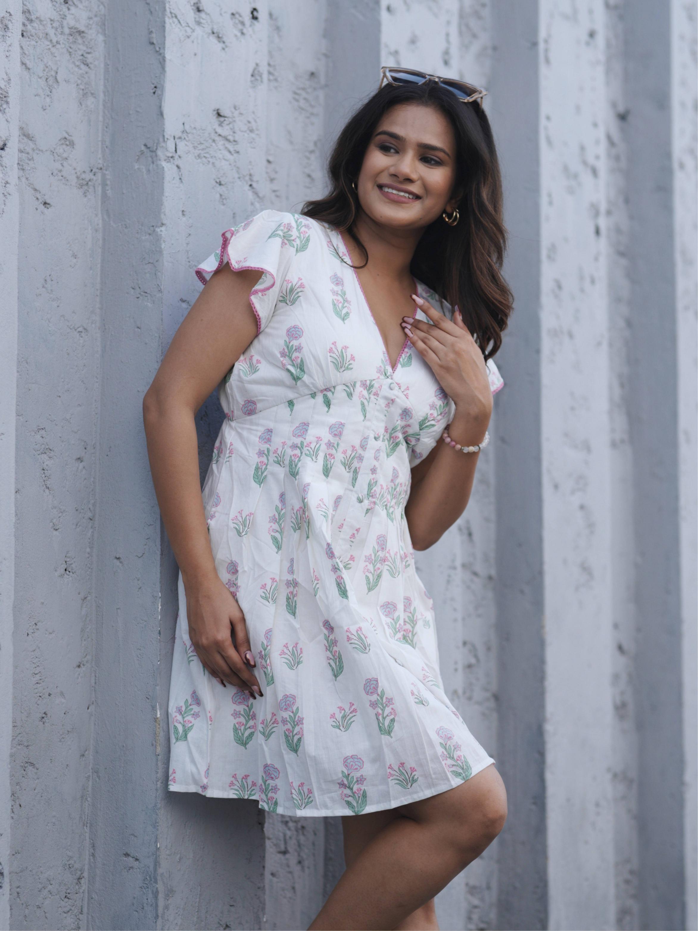 White Block Print Short Dress