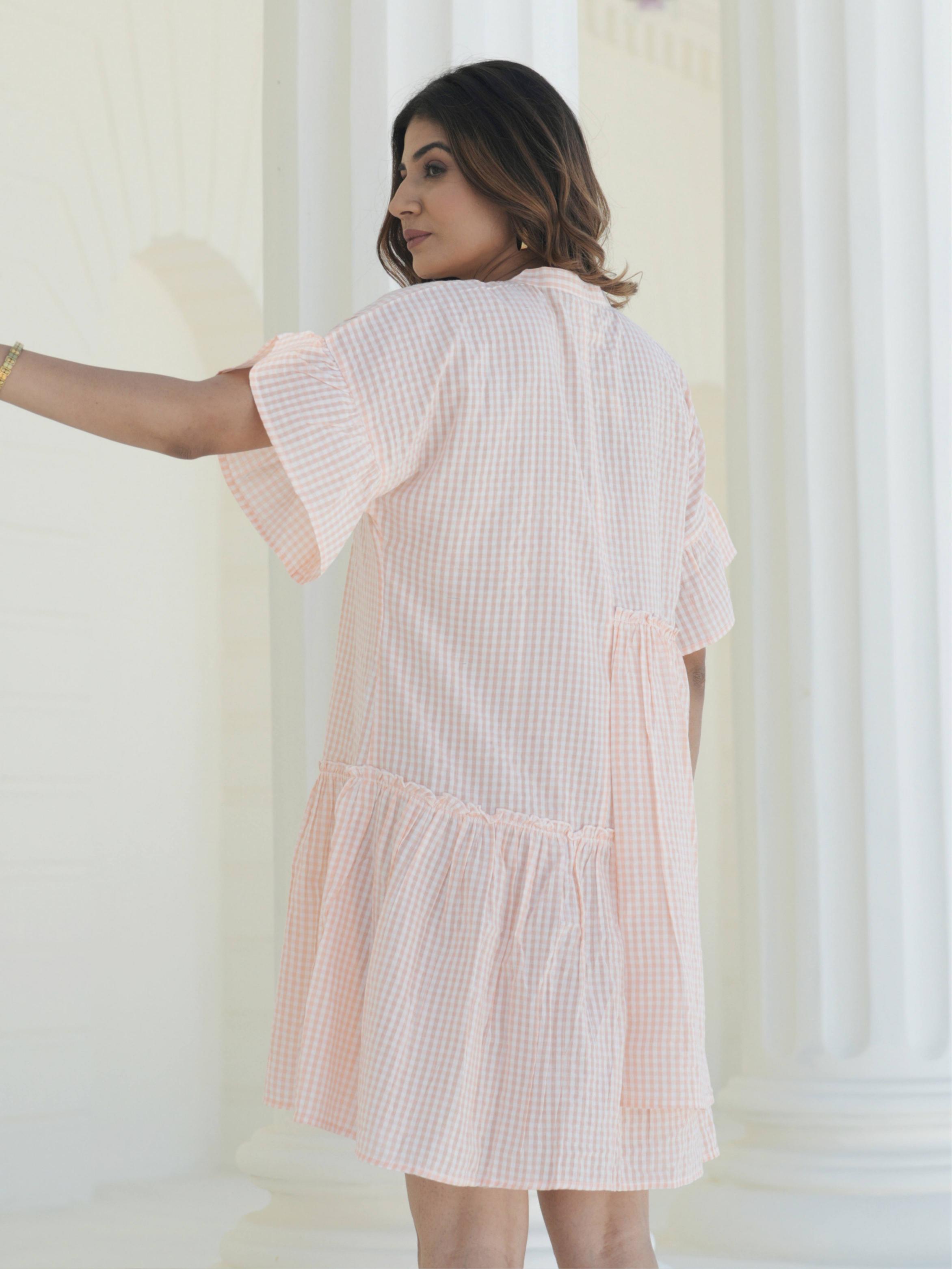 Peach Check Mini Dress