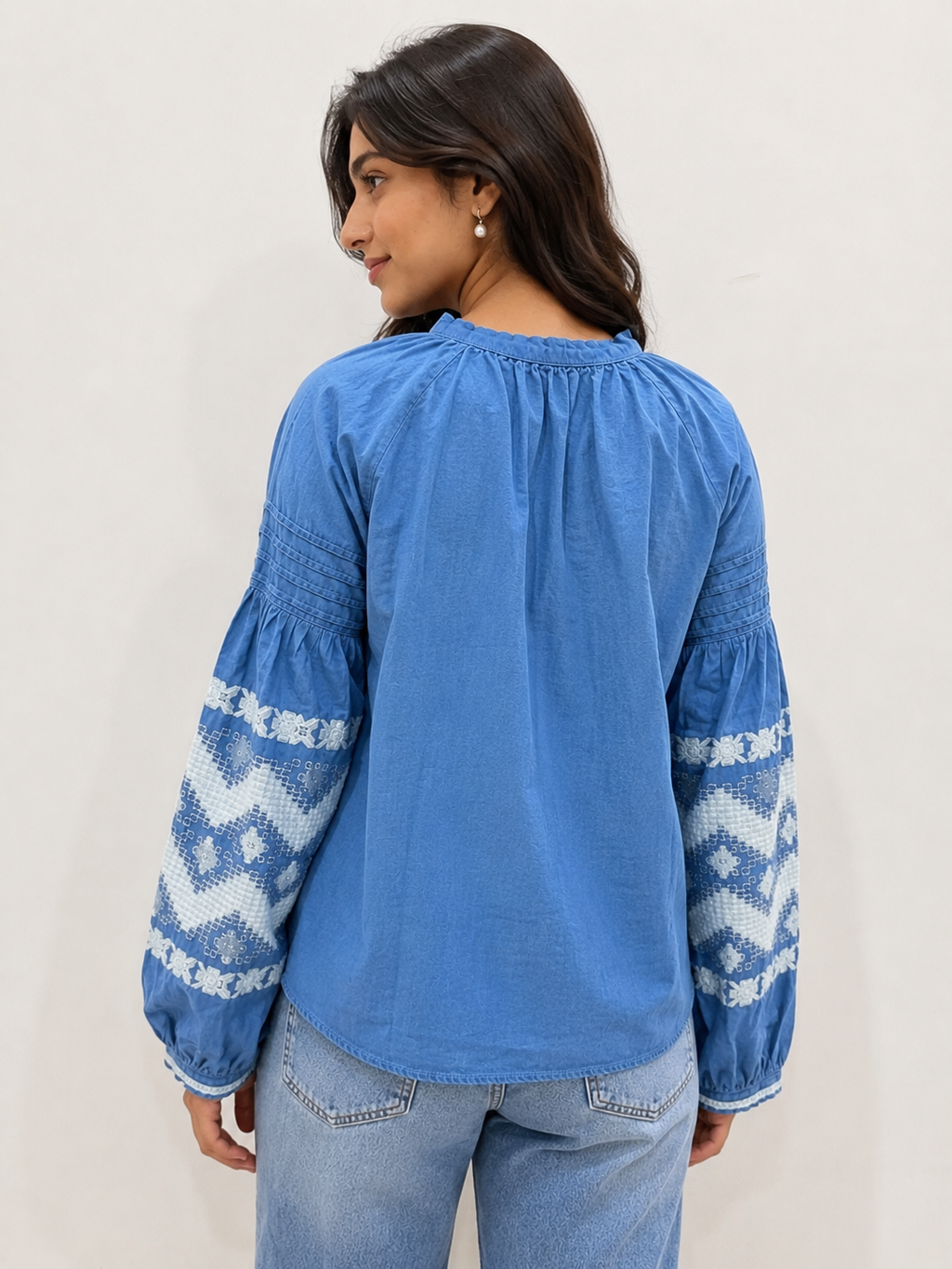 Denim Embroidered Top — Blue