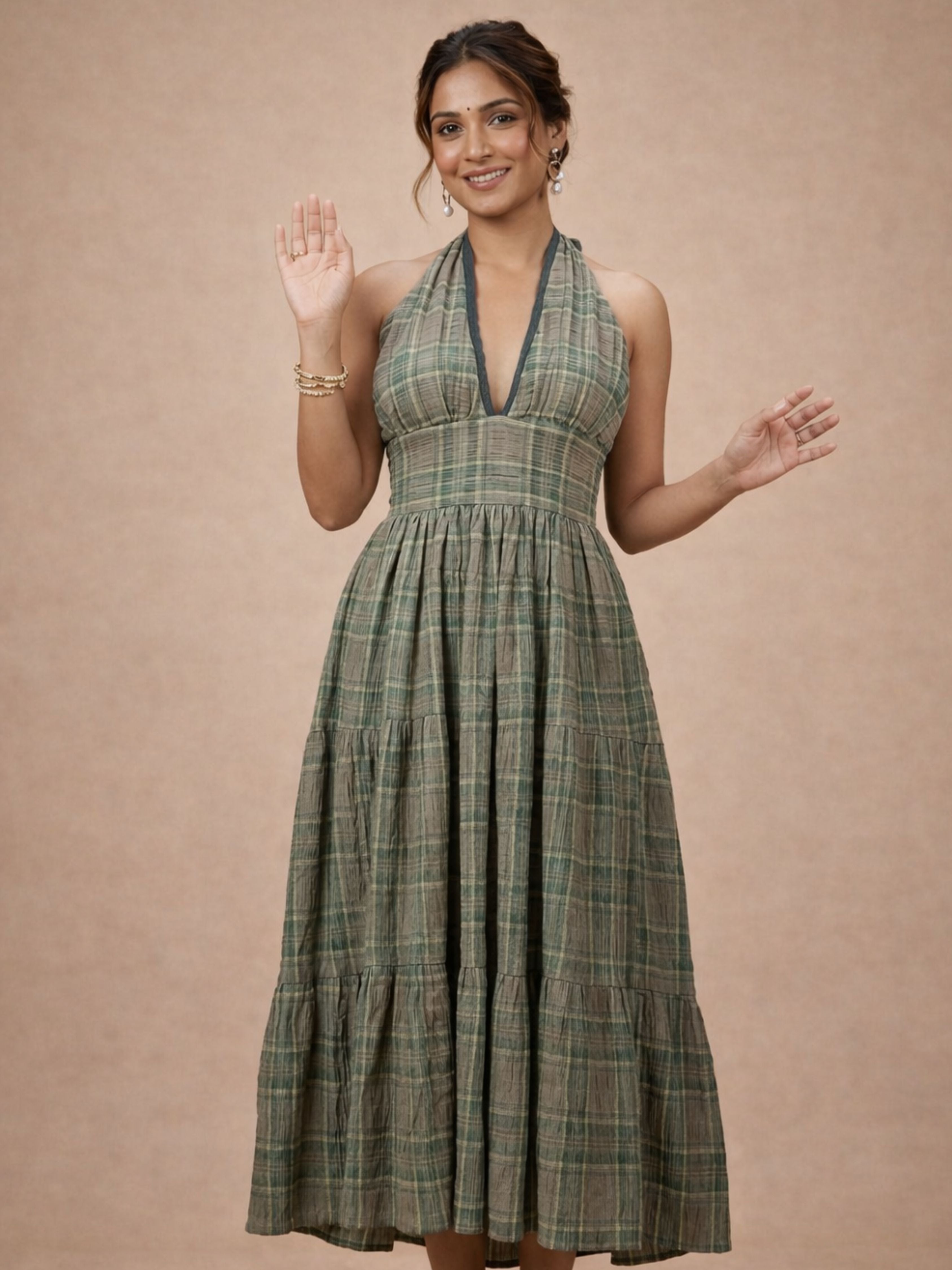 Olive Check Halter Dress