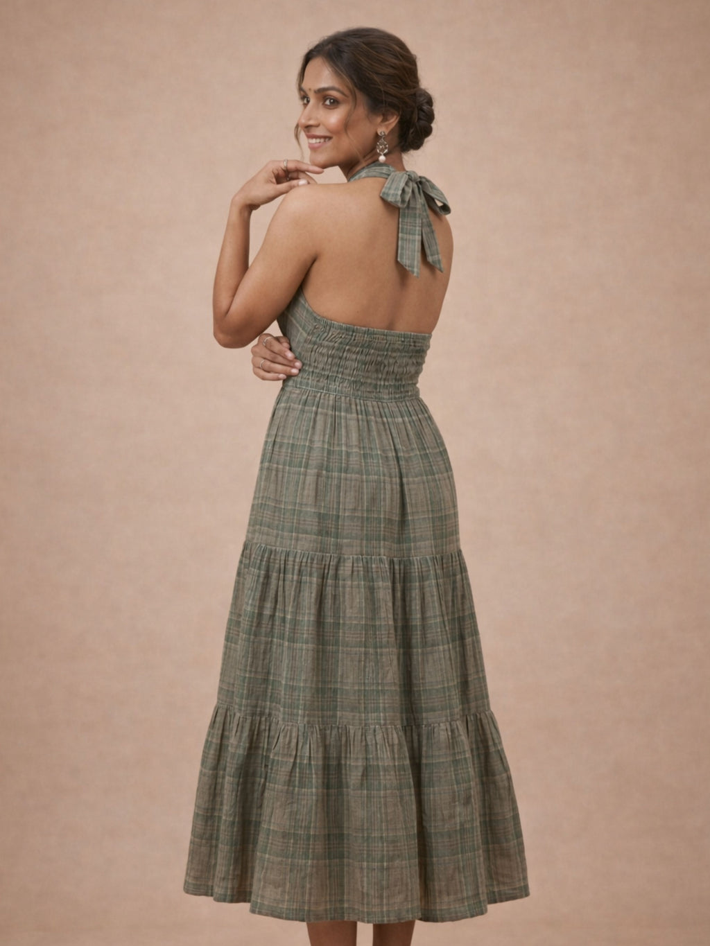 Olive Check Halter Dress