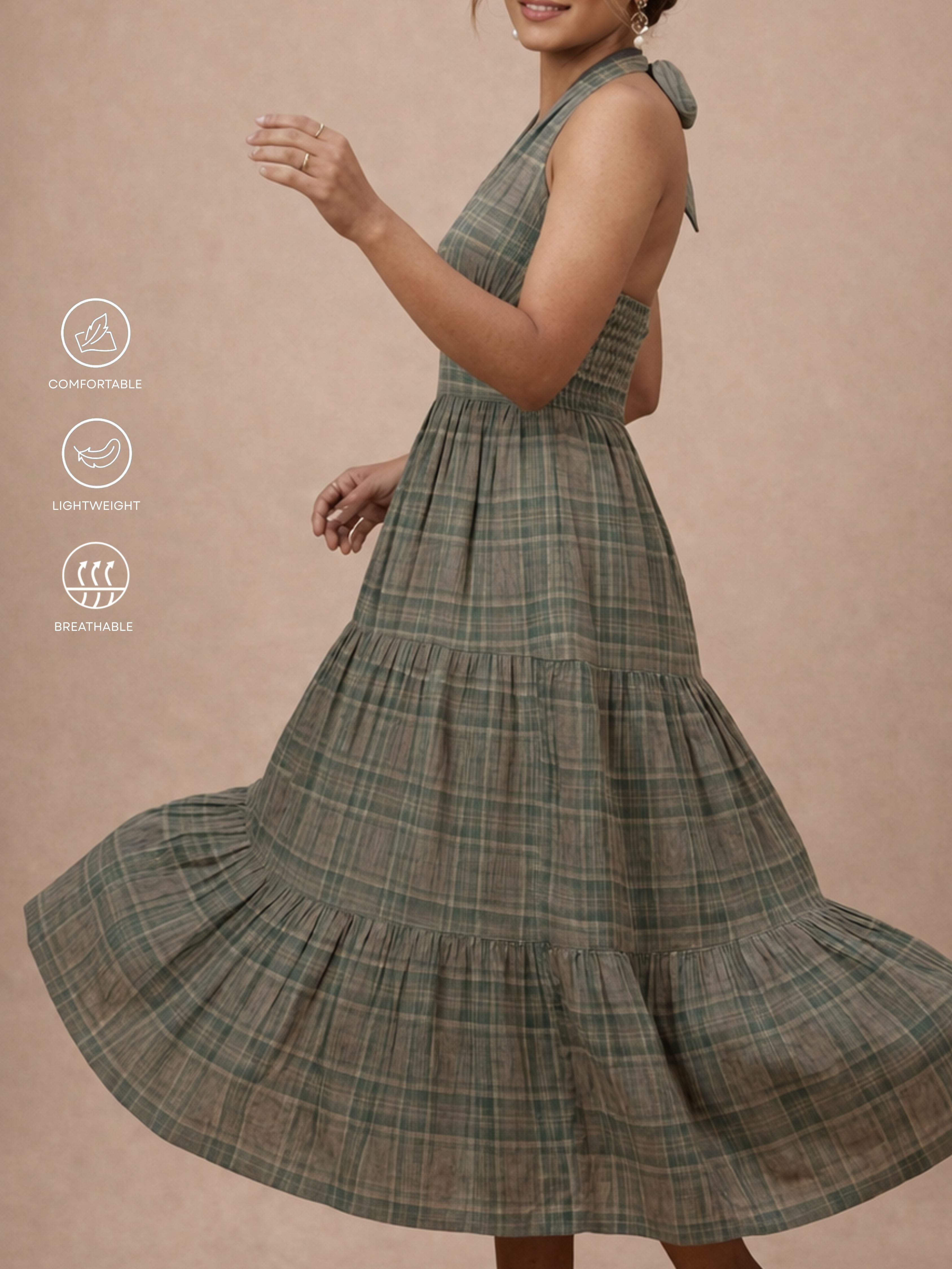Olive Check Halter Dress