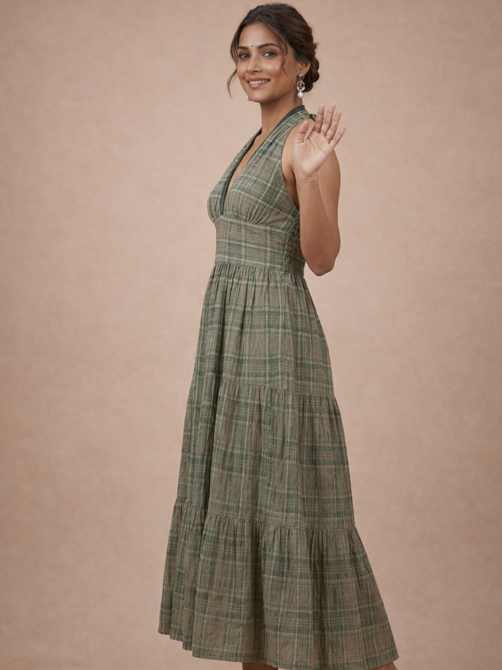 Olive Check Halter Dress