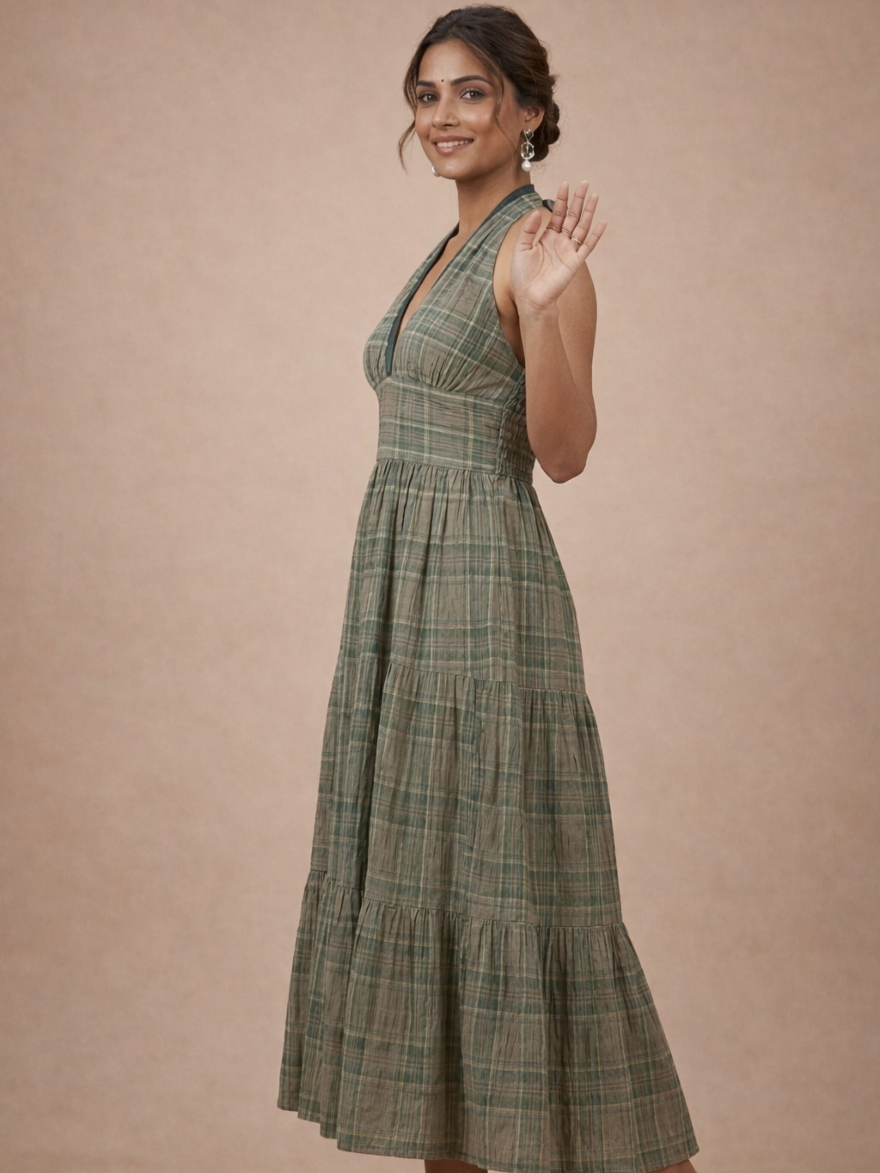 Olive Check Halter Dress
