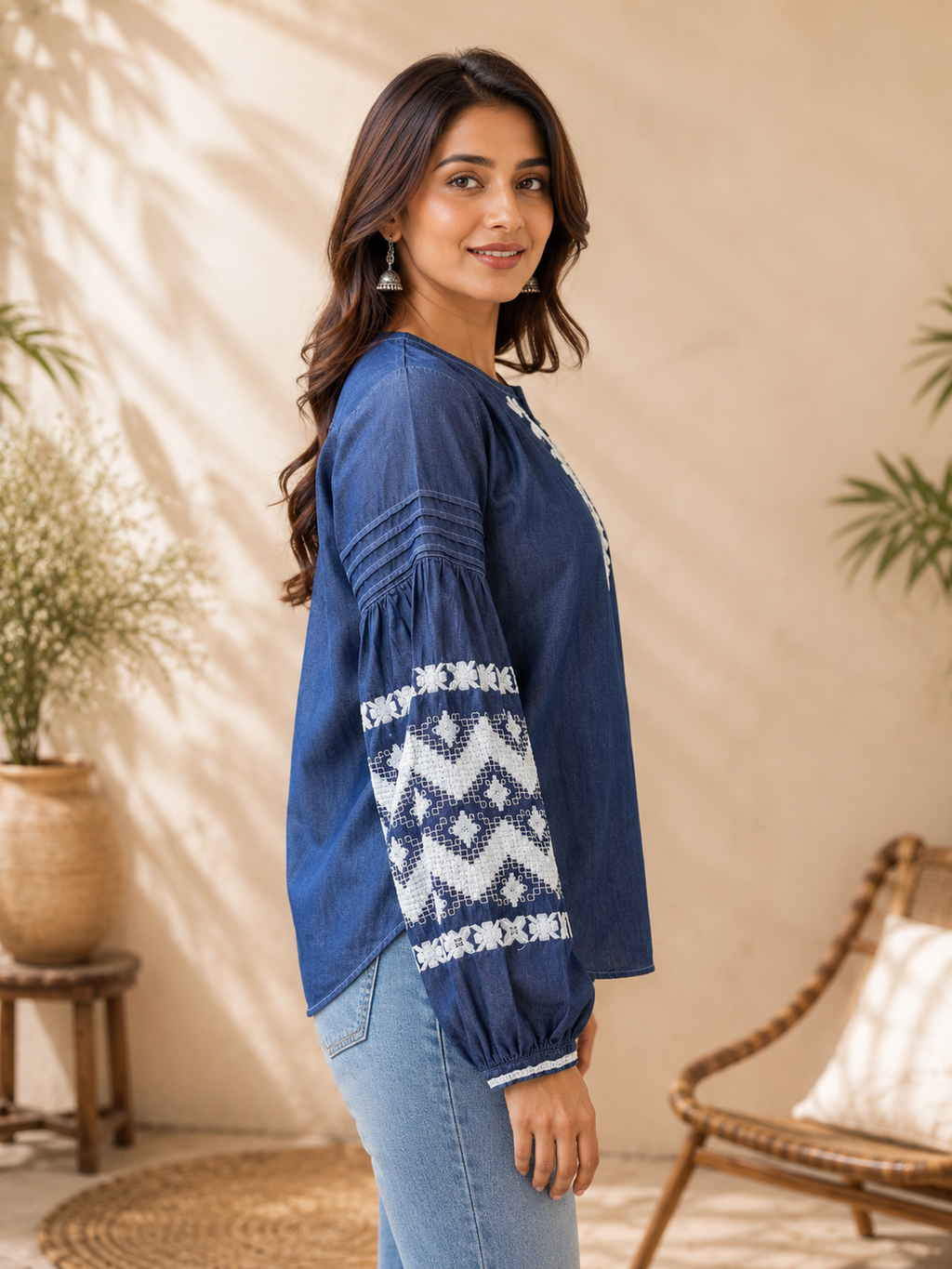 Denim Embroidered Top — Navy