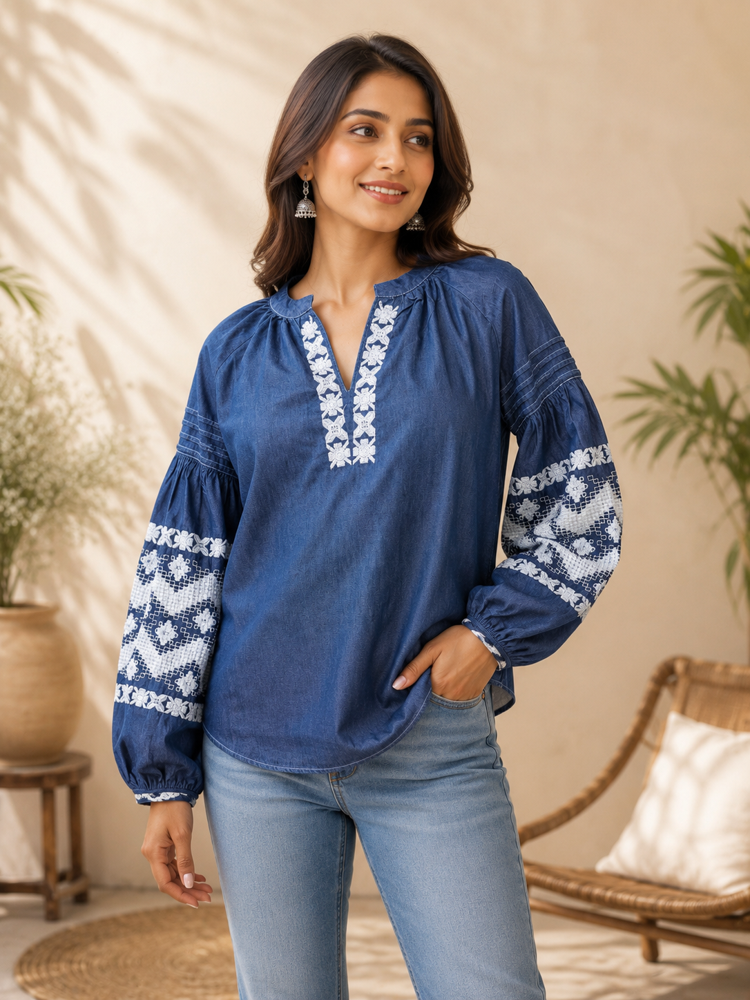Denim Embroidered Top — Navy