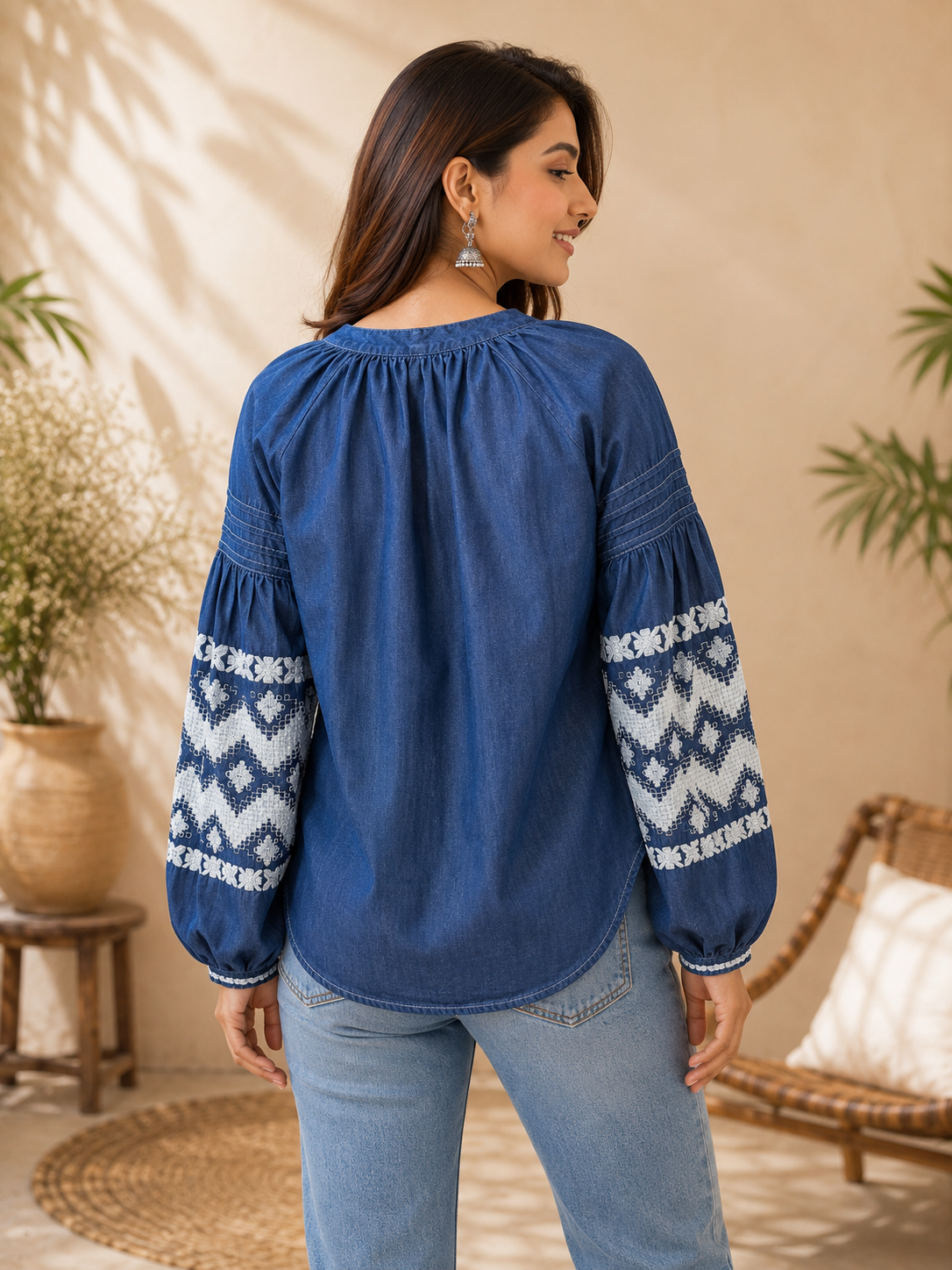 Denim Embroidered Top — Navy