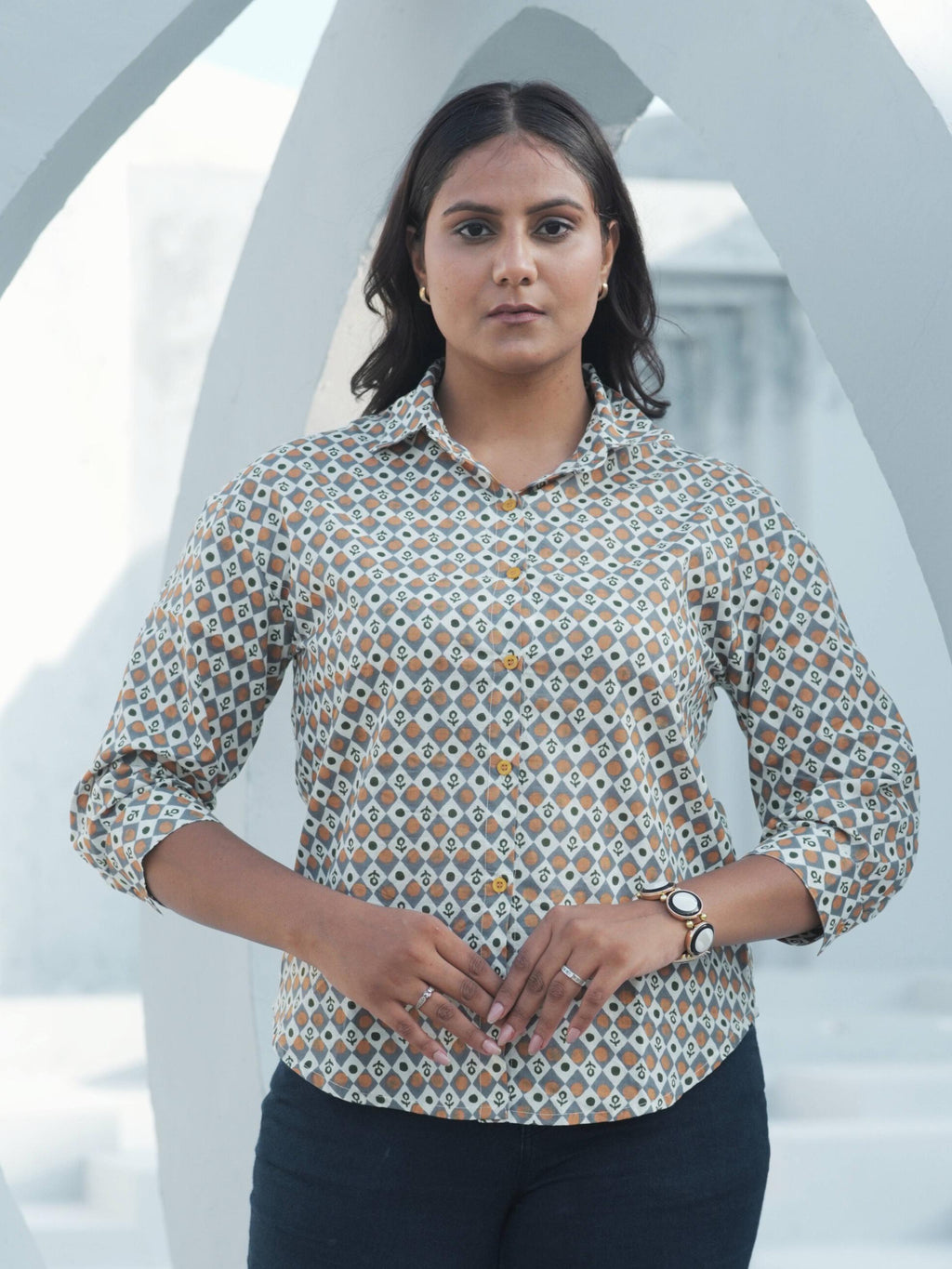 Beige Block Print Shirt