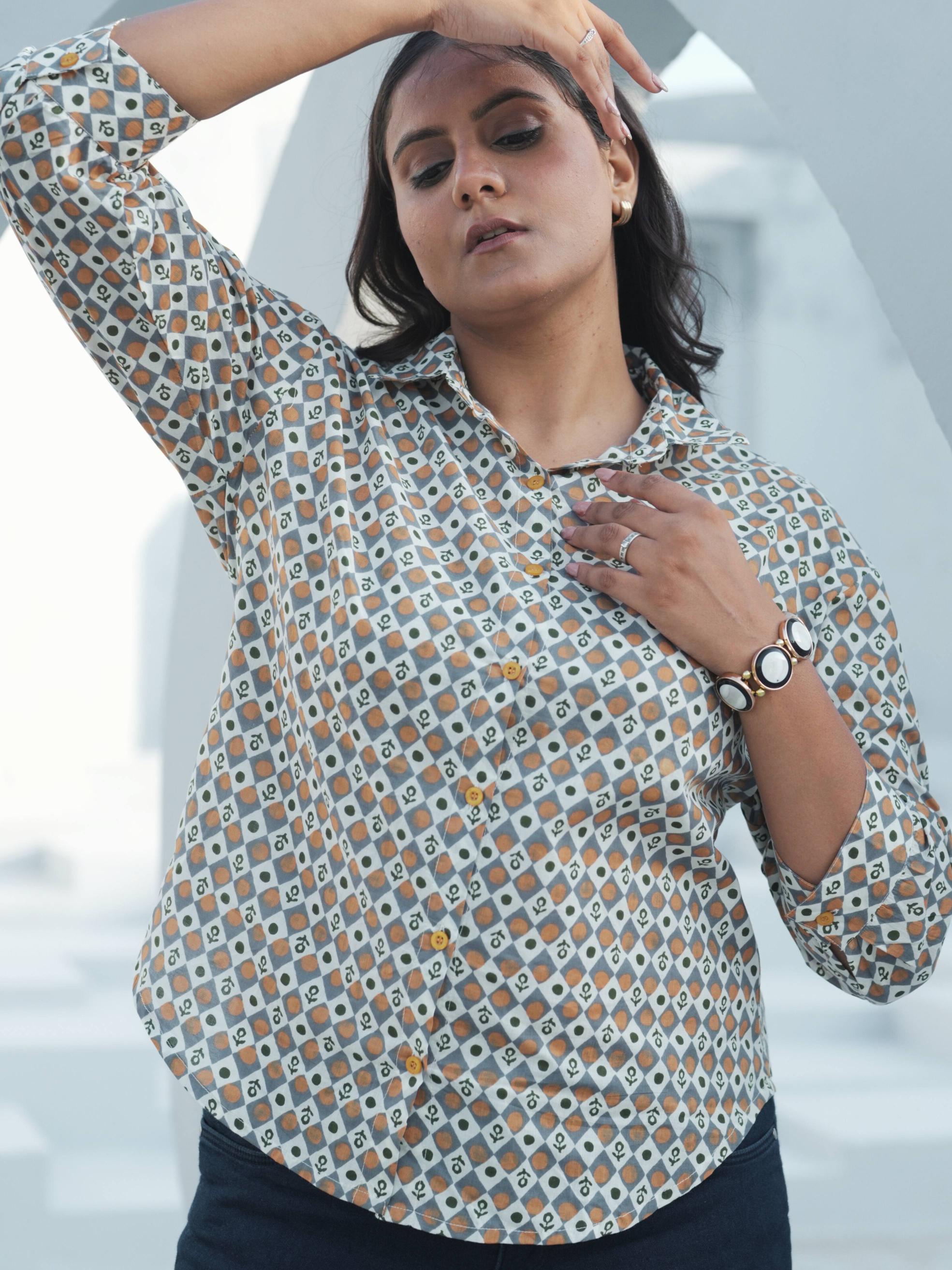Beige Block Print Shirt