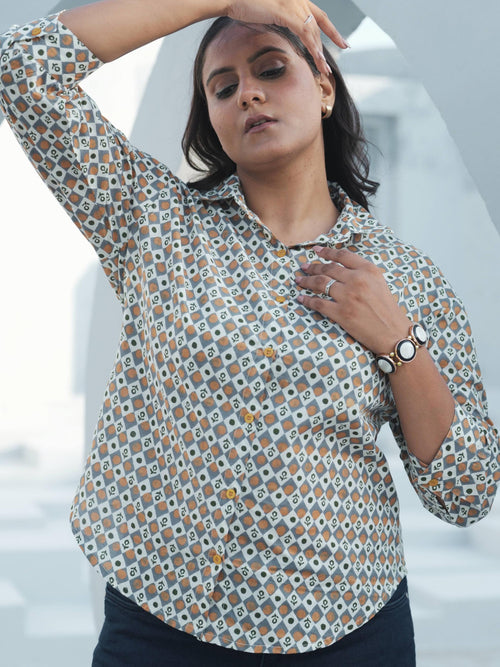 Beige Block Print Shirt
