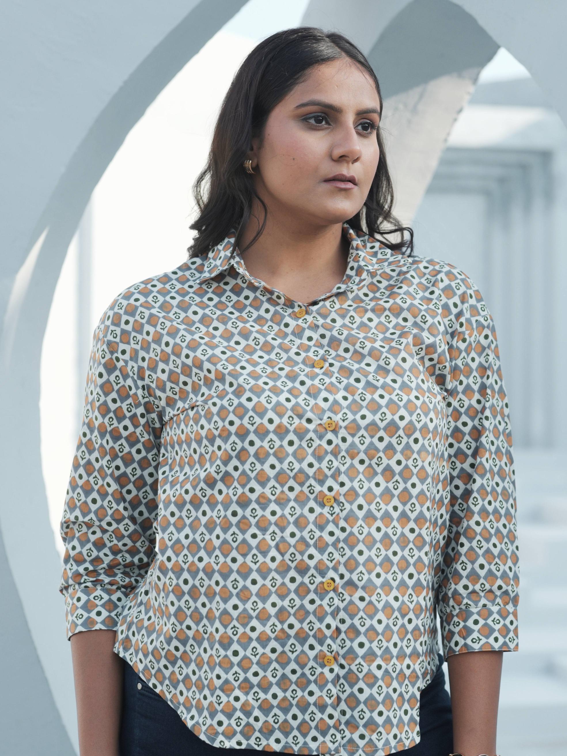 Beige Block Print Shirt