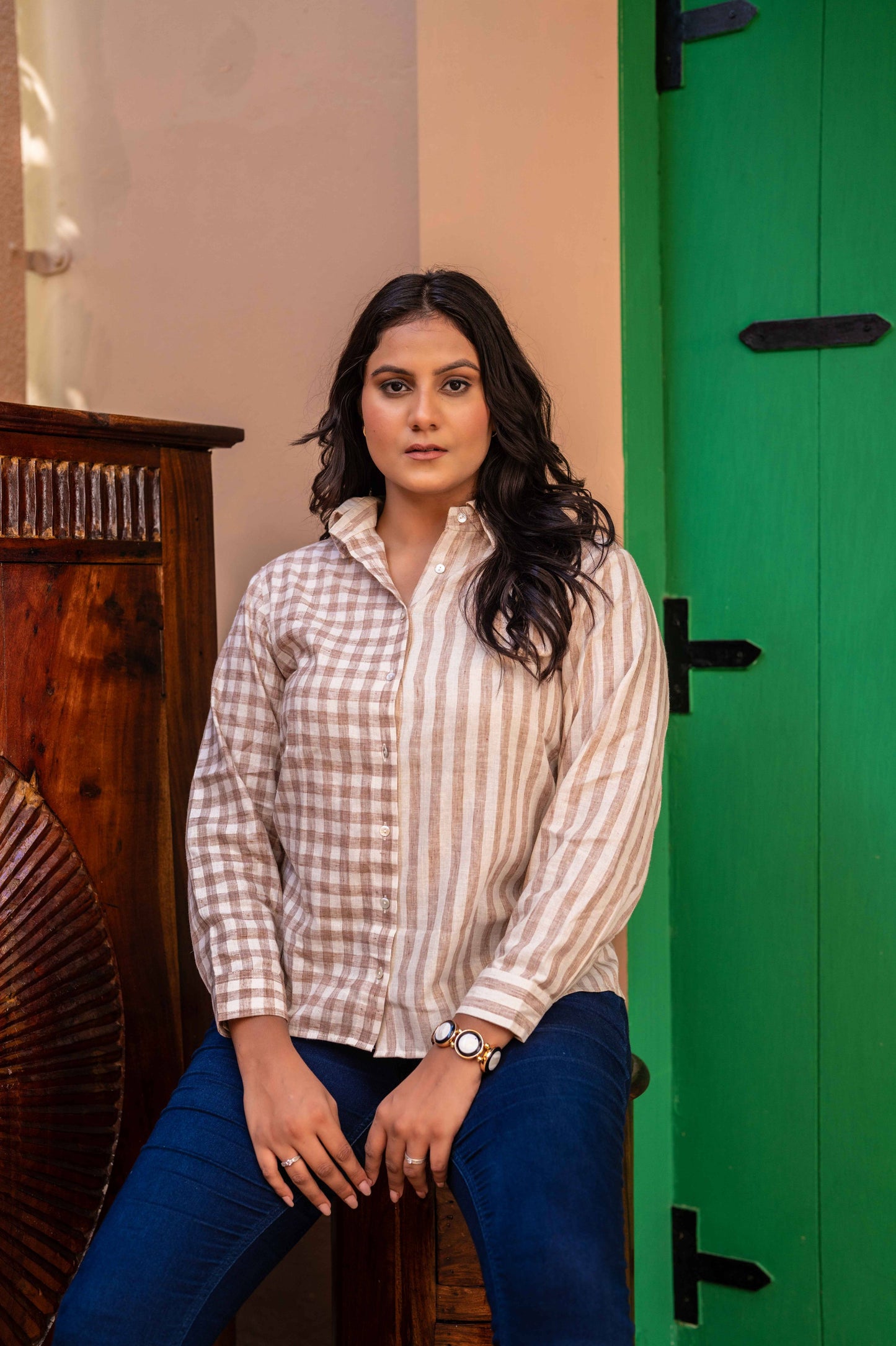 Half &Half Strip Check Shirt