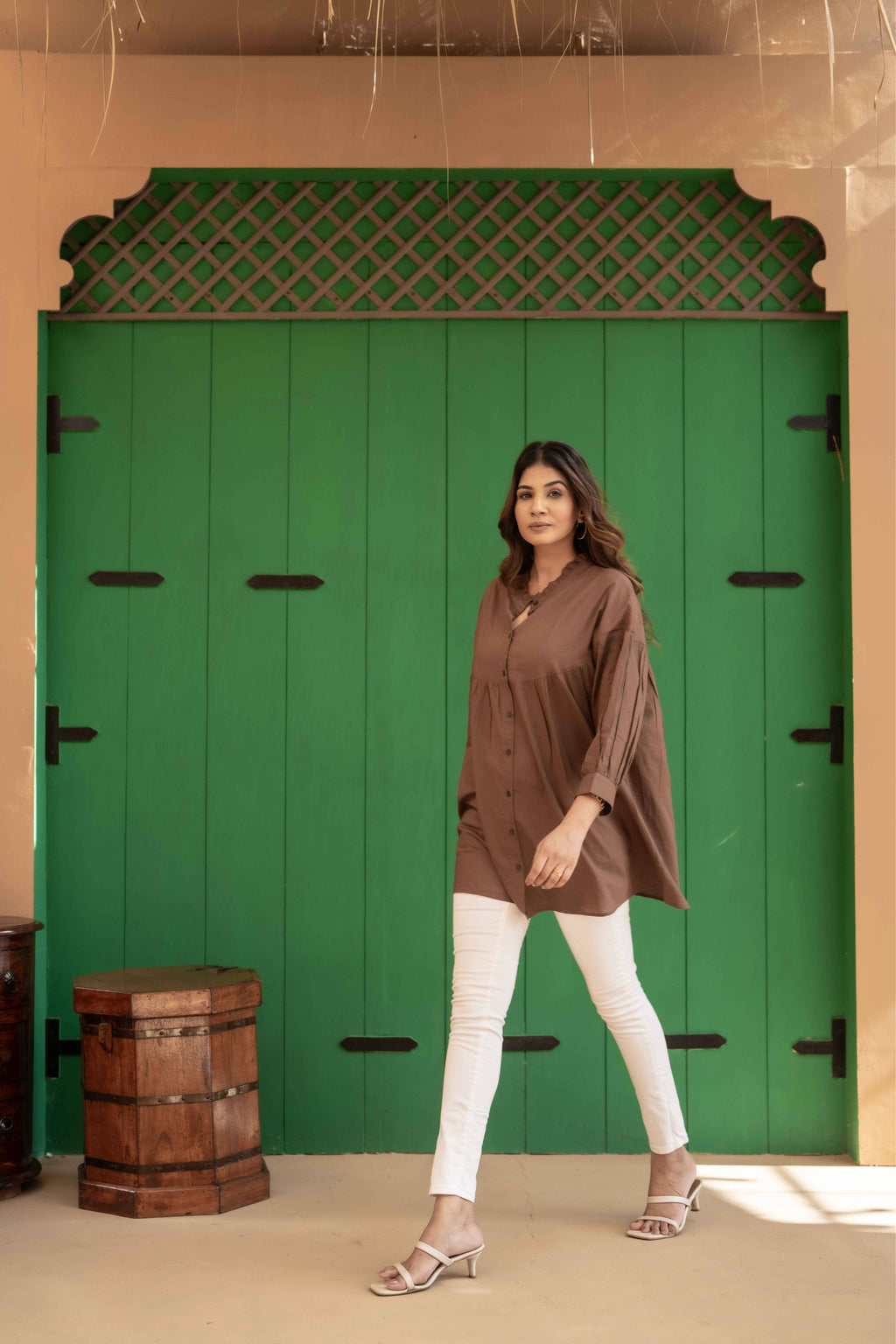 Brown Ruffle Cotton Shirt