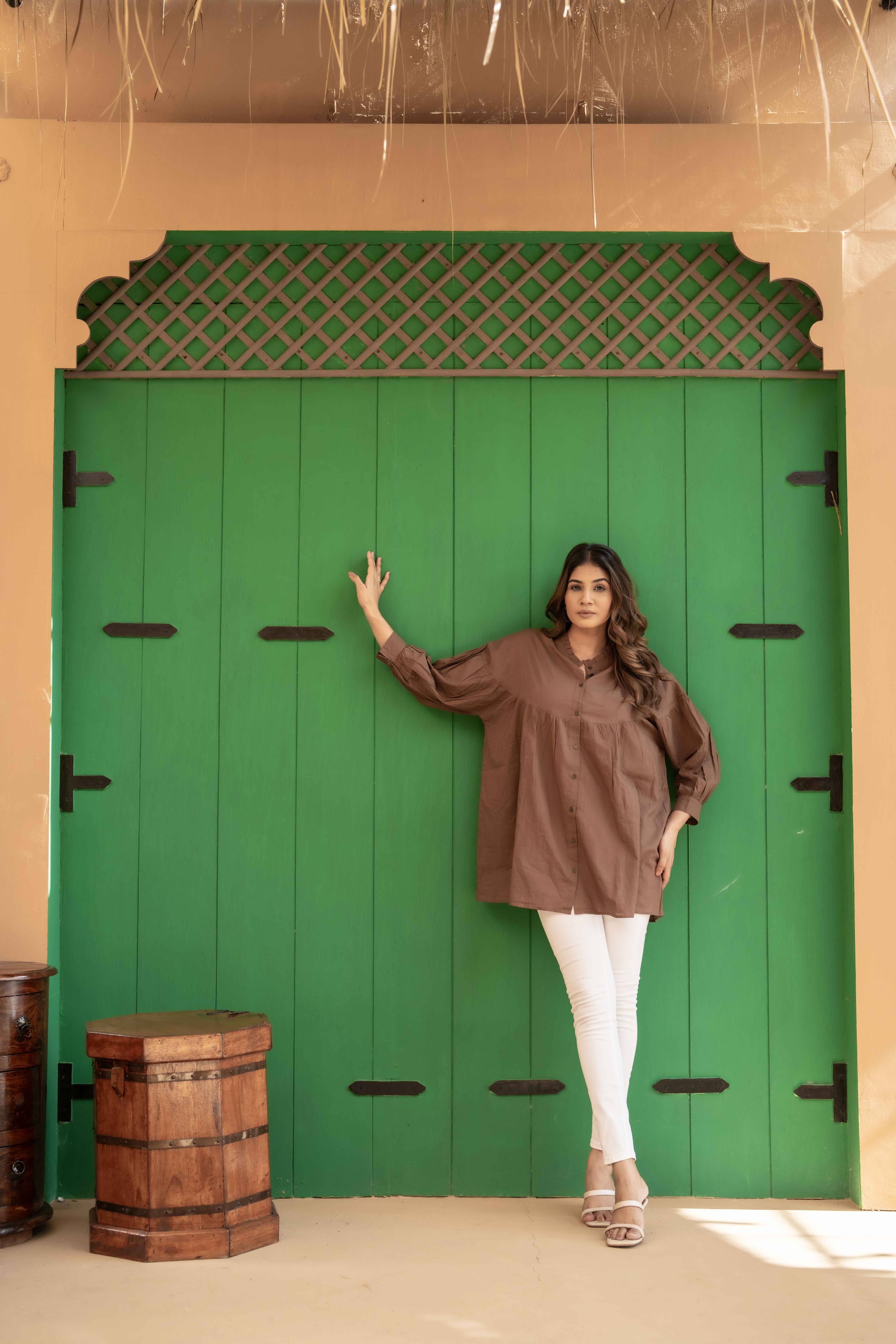 Brown Ruffle Cotton Shirt