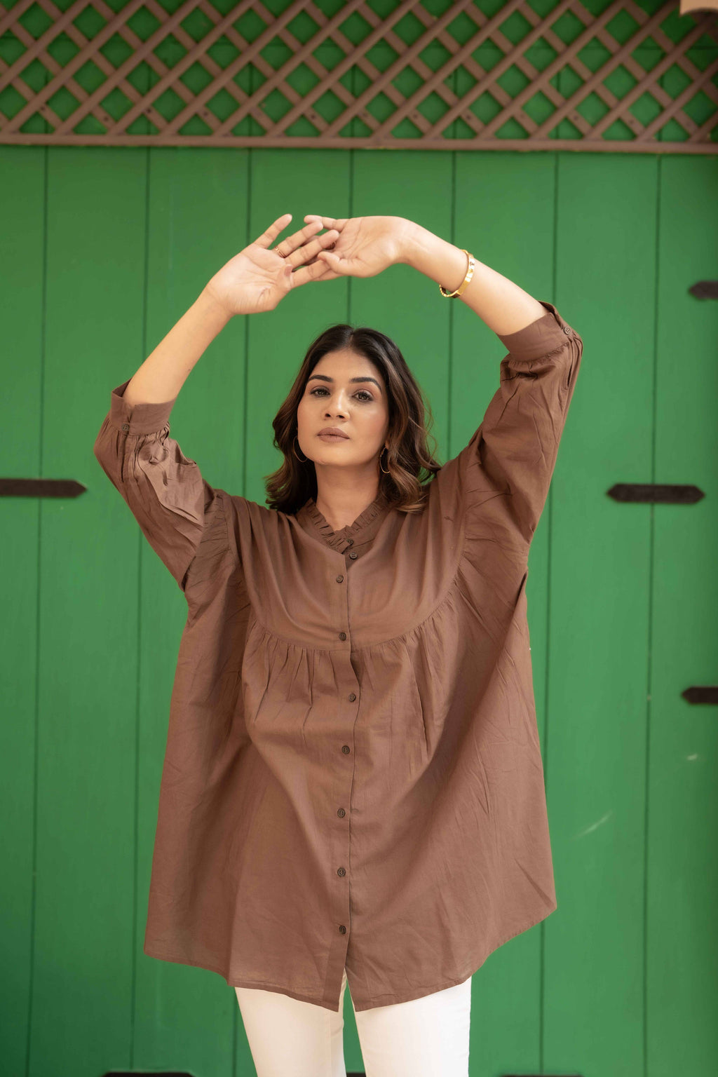 Brown Ruffle Cotton Shirt