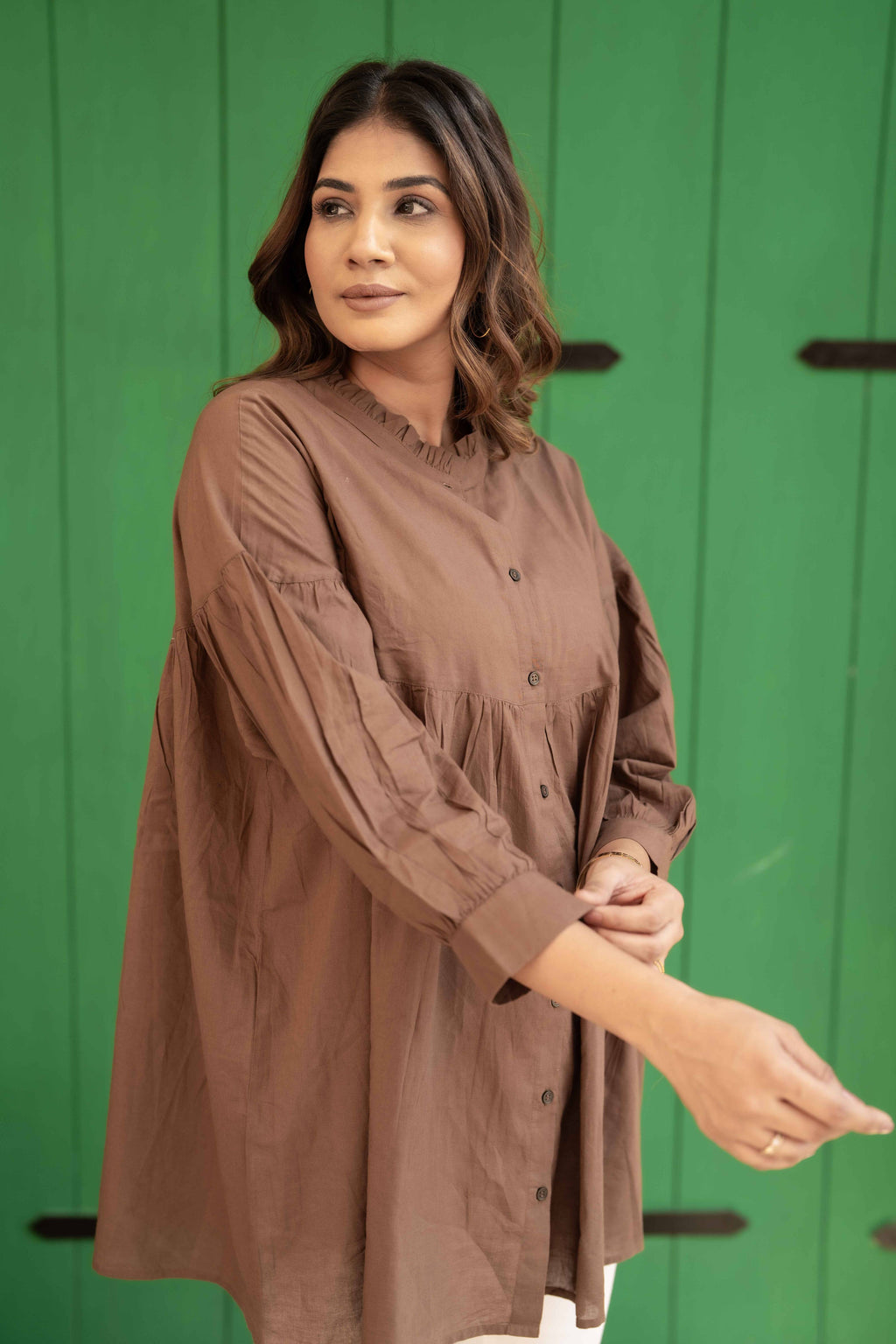 Brown Ruffle Cotton Shirt