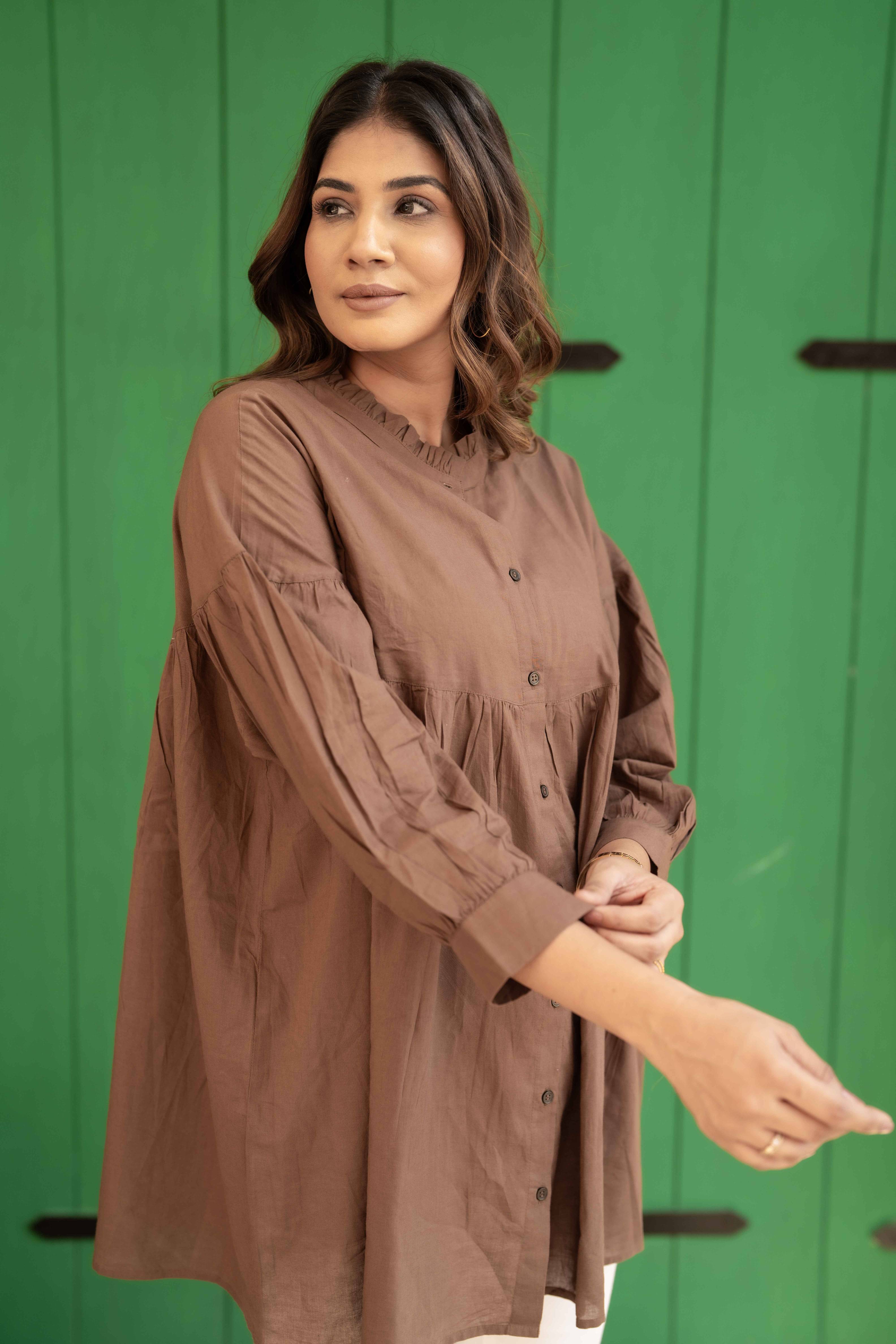 Brown Ruffle Cotton Shirt