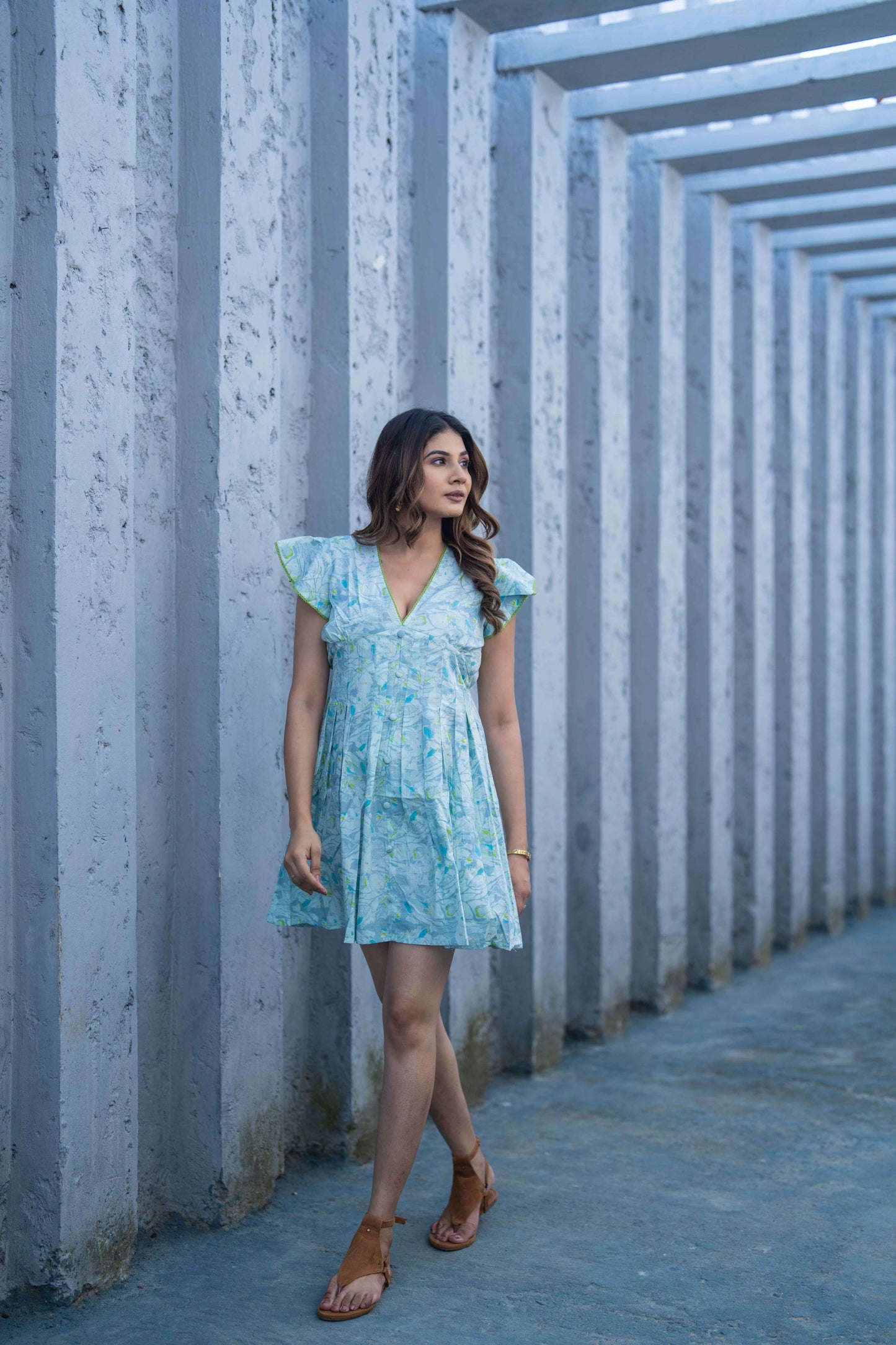 Light Blue Foil Print Short Dress