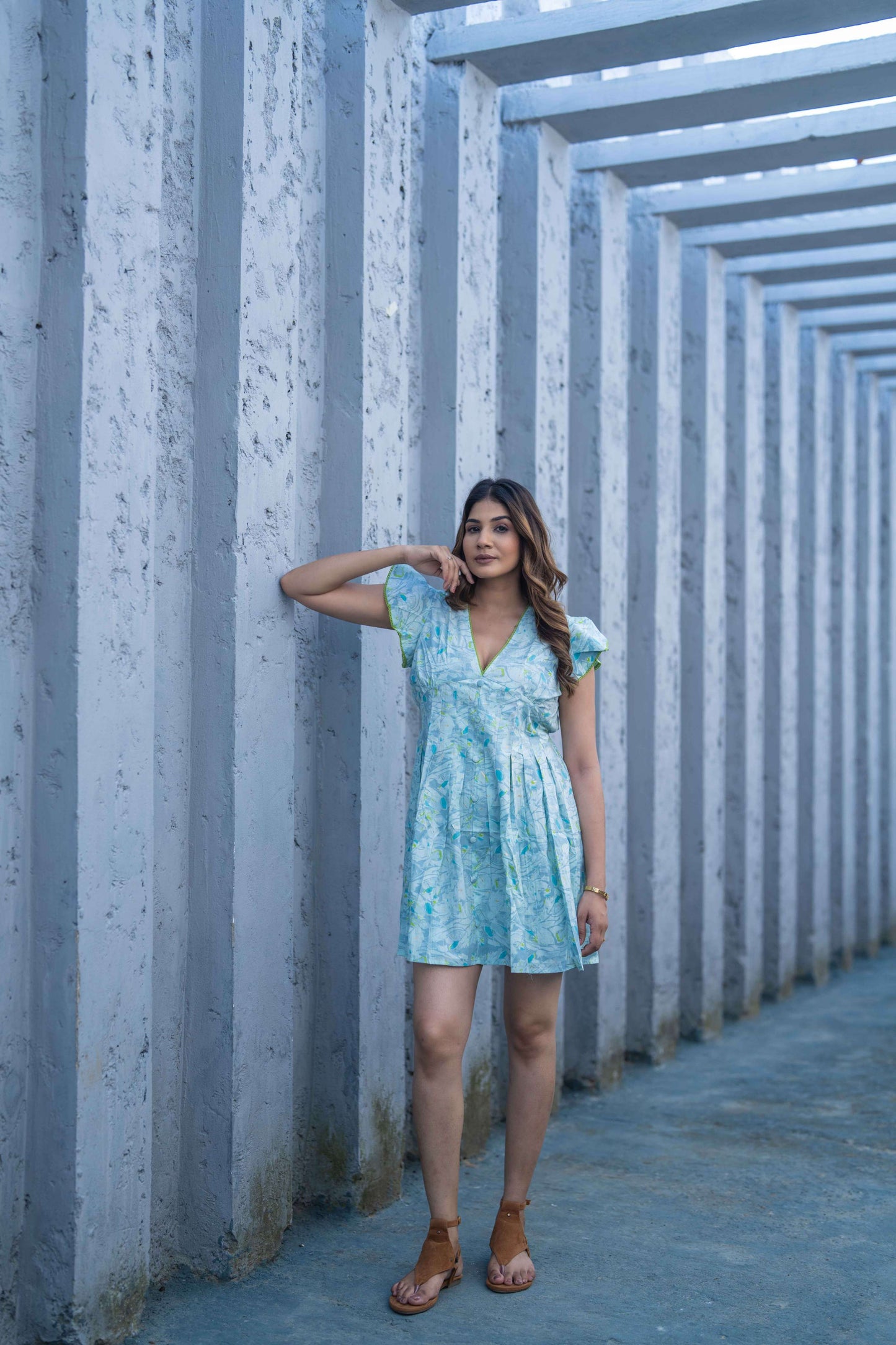 Light Blue Foil Print Short Dress