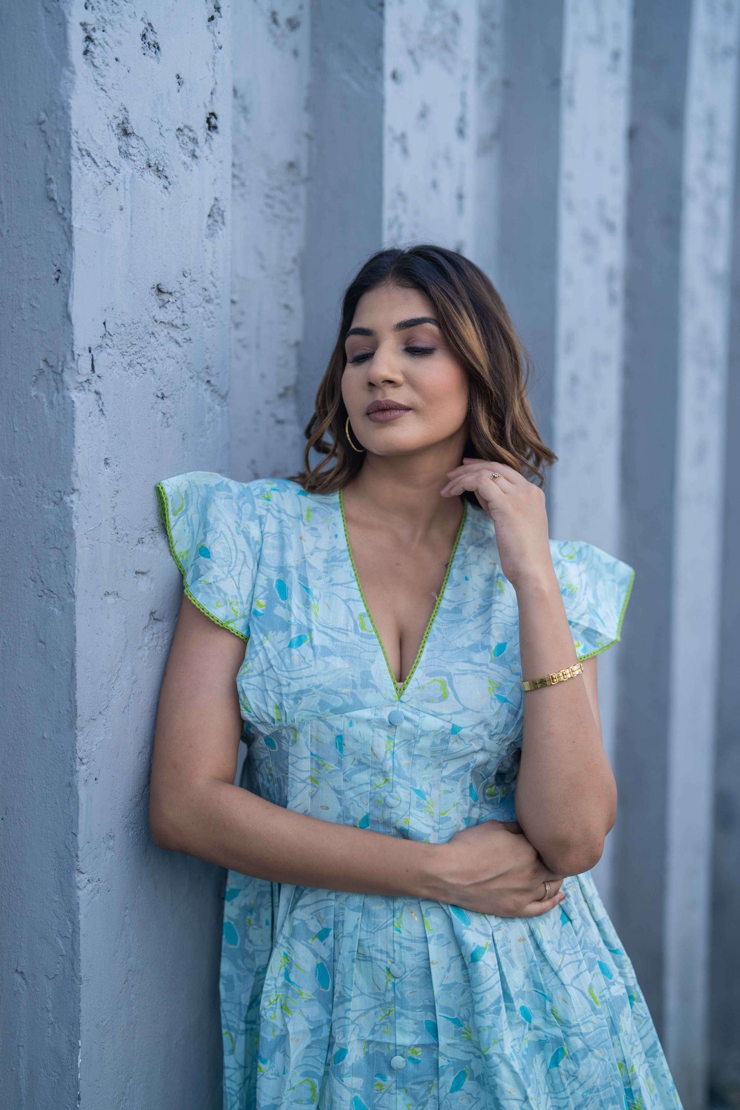 Light Blue Foil Print Short Dress