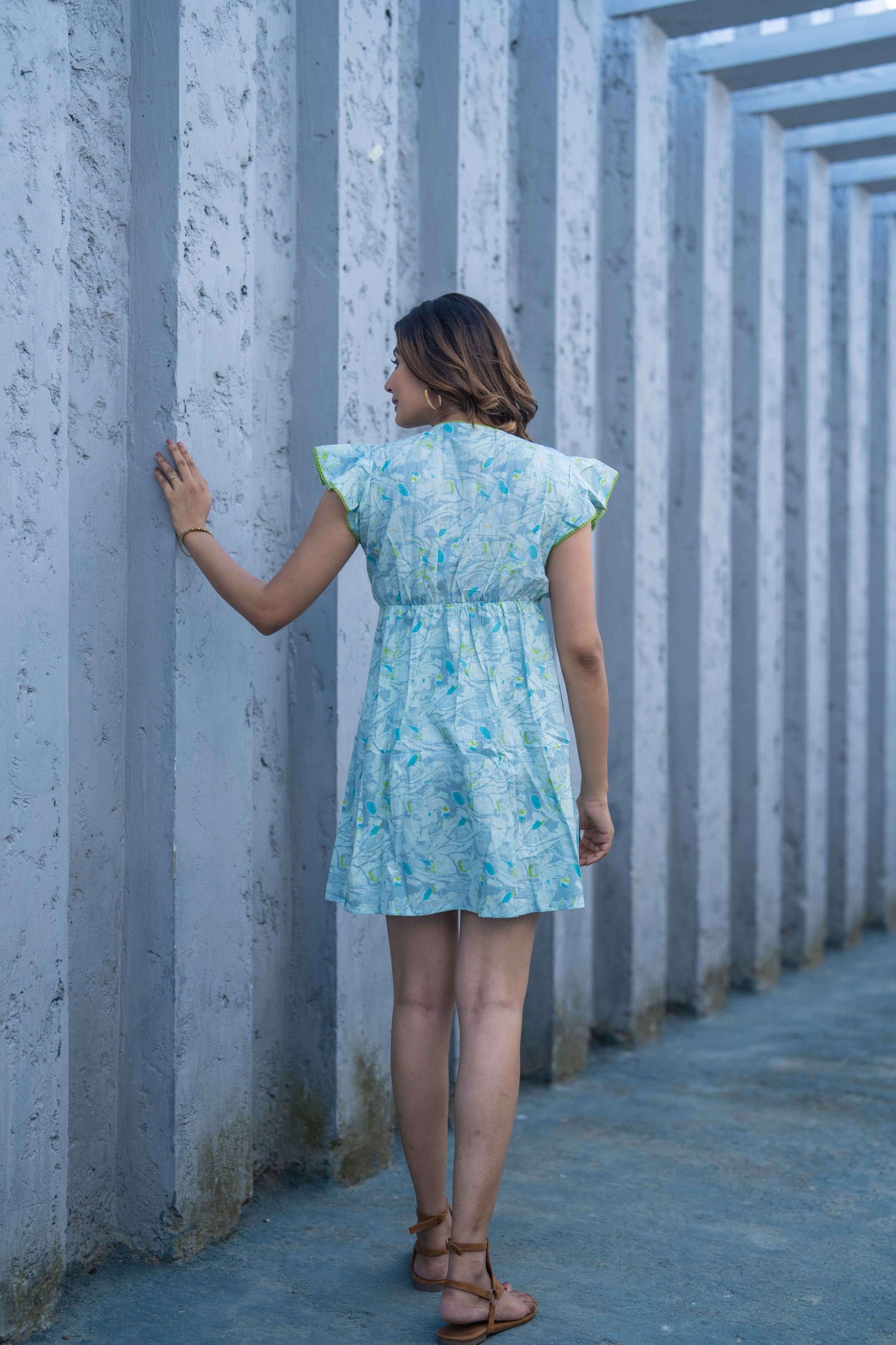 Light Blue Foil Print Short Dress