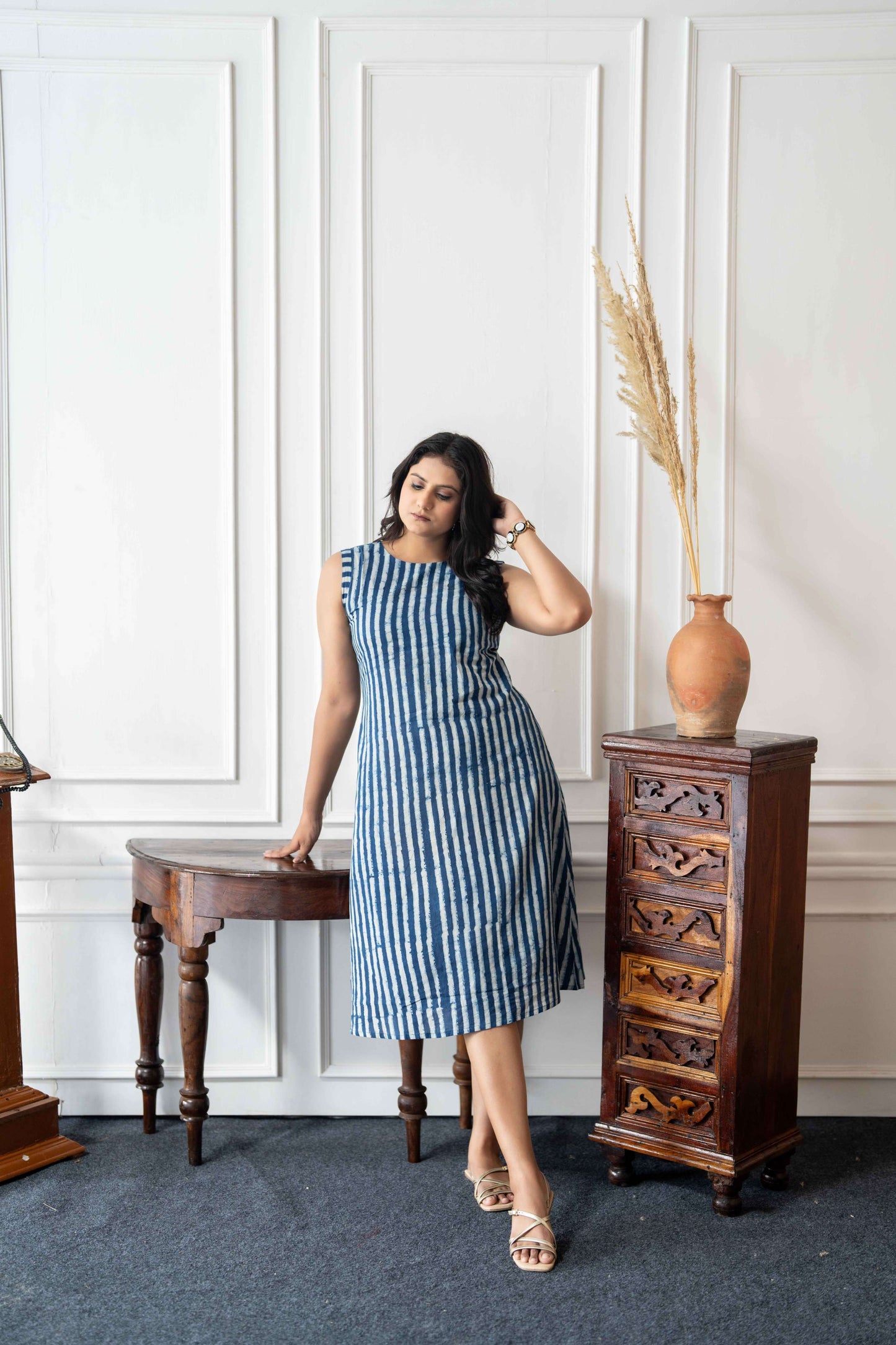 Indigo Striped Cotton A-line Dress