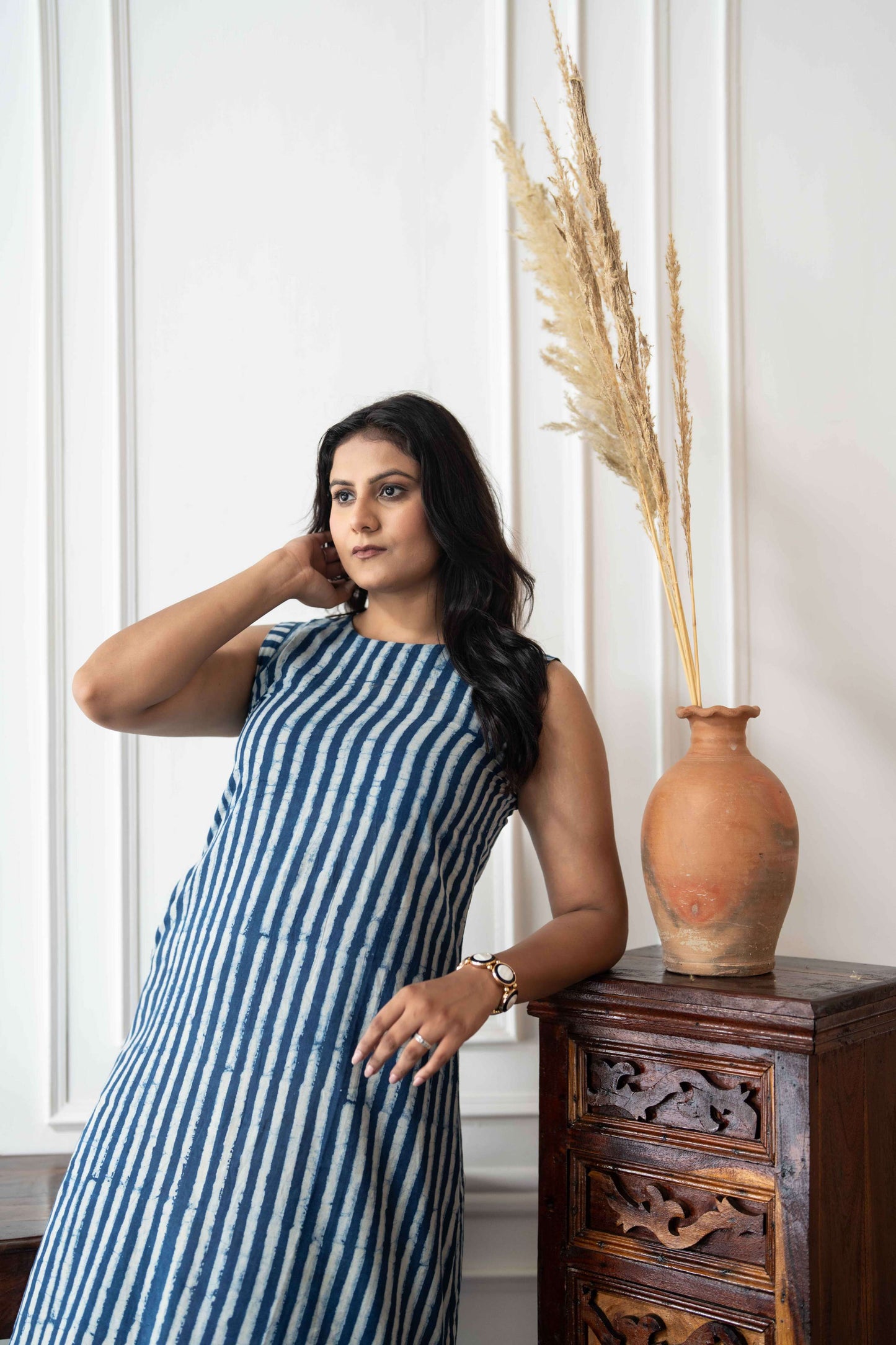 Indigo Striped Cotton A-line Dress